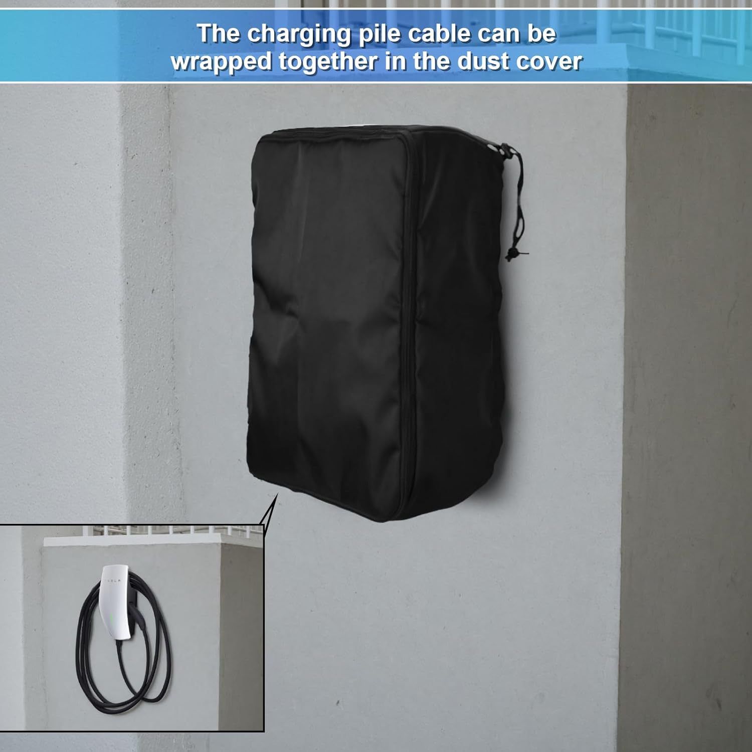 EV Charger Cover for Wall Connector Level 2, Charging Station Cover with Adjustable Zipper, Sun UV Snow Protections Bag for Most Electric Car(Black Large) - Image 4