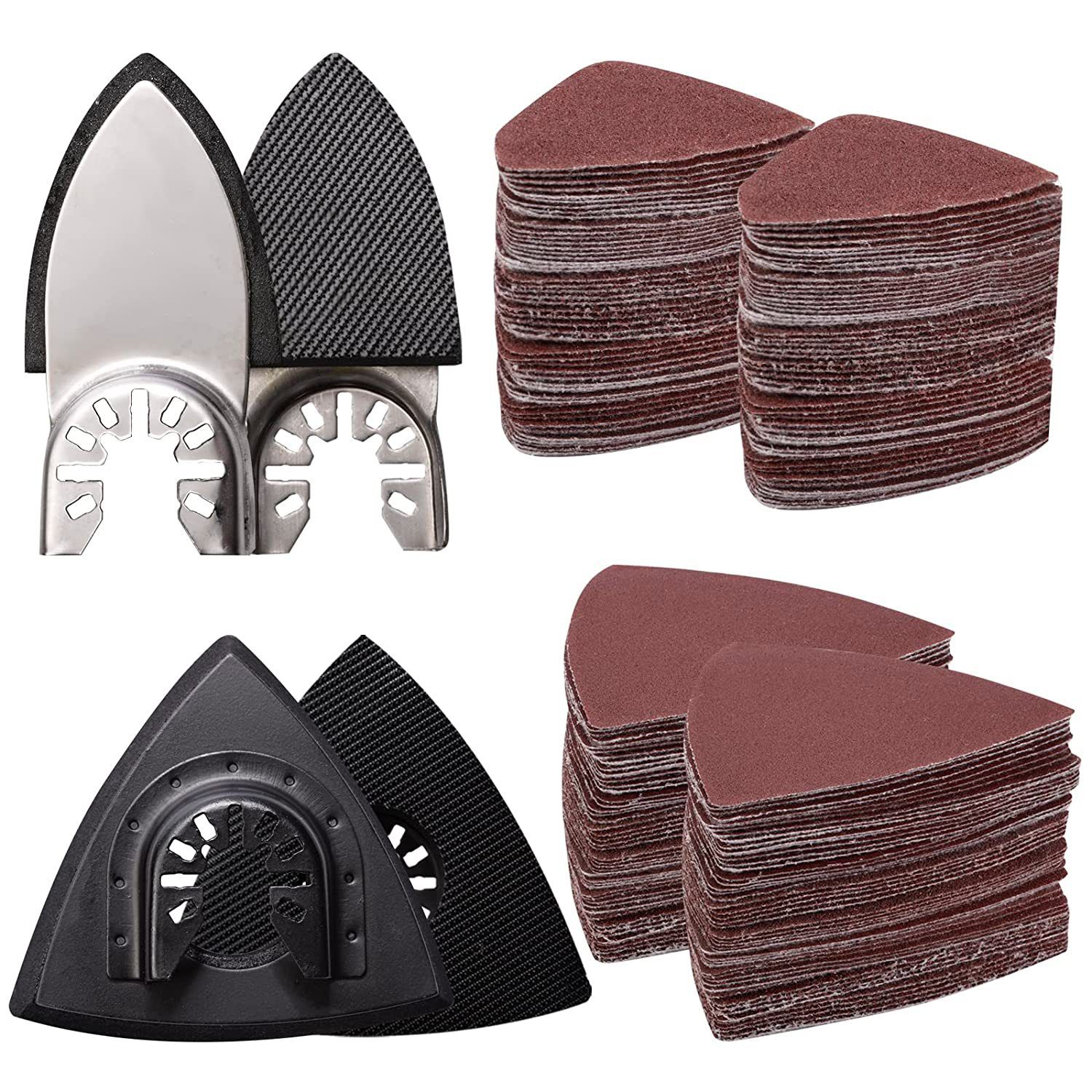 104Pcs Oscillating Tool Detail Sanding Pads Kit 2Pcs Triangle Sanding Pads and 2Pcs Finger Sanding Pad 100Pcs Multitool Sandpaper Grit Fit for Finishing Wood Sanding Plaster - Image 1