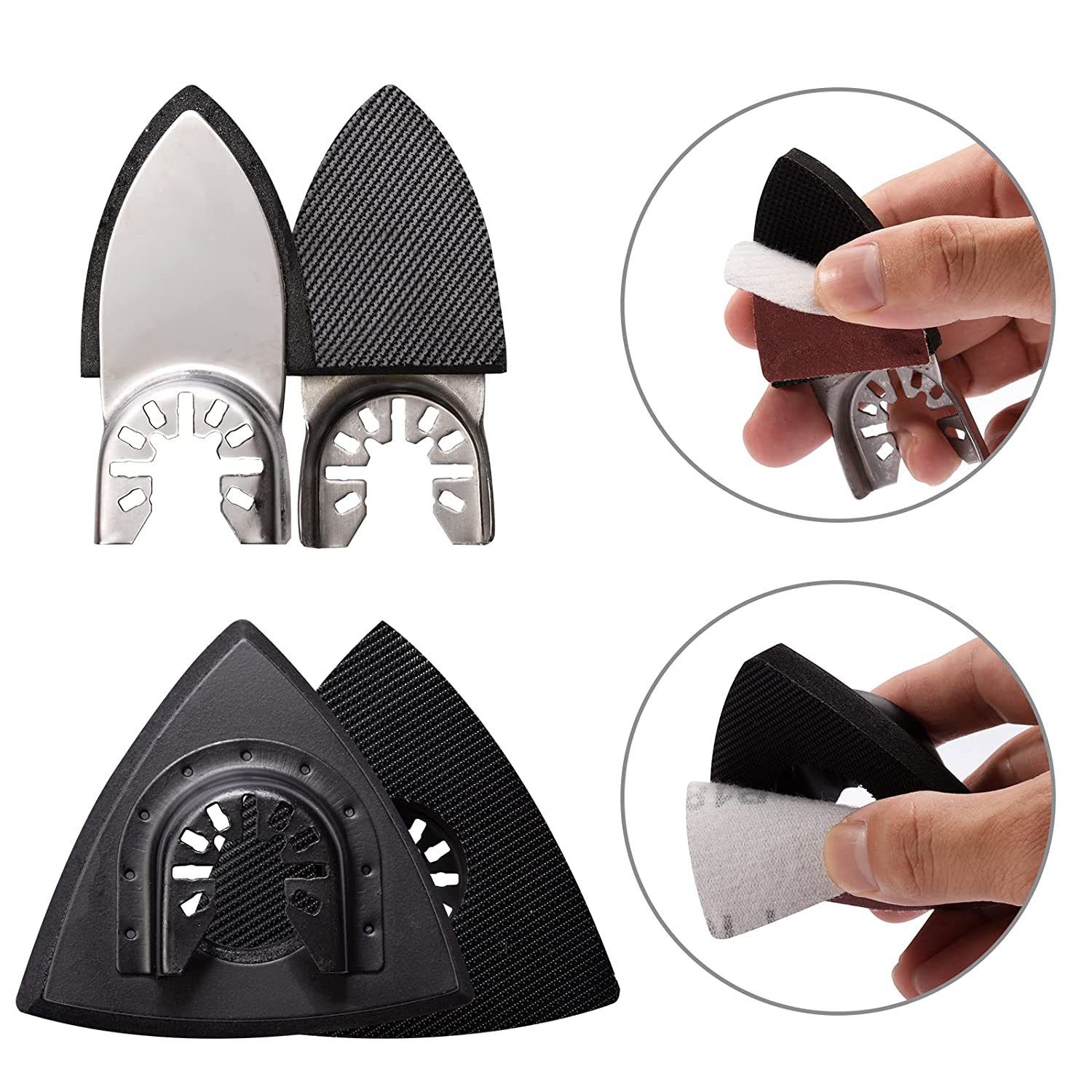 104Pcs Oscillating Tool Detail Sanding Pads Kit 2Pcs Triangle Sanding Pads and 2Pcs Finger Sanding Pad 100Pcs Multitool Sandpaper Grit Fit for Finishing Wood Sanding Plaster - Image 2