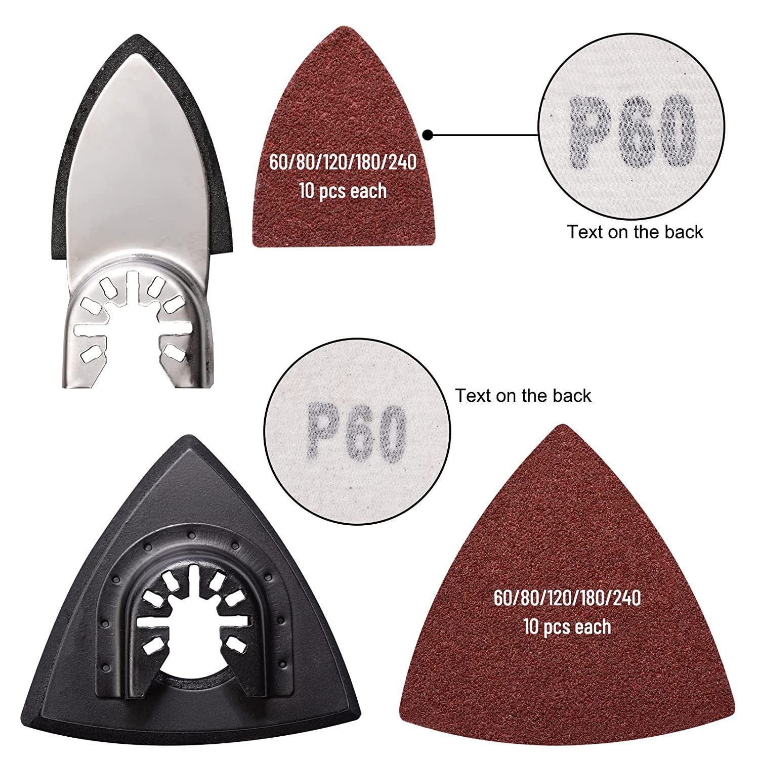 104Pcs Oscillating Tool Detail Sanding Pads Kit 2Pcs Triangle Sanding Pads and 2Pcs Finger Sanding Pad 100Pcs Multitool Sandpaper Grit Fit for Finishing Wood Sanding Plaster - Image 3