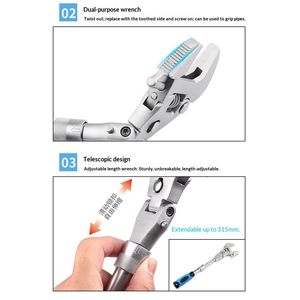 5 in 1 Flex Head Adjustable Wrench, Reversible Jaw Pipe Wrench with  Retractable Extension Shank and 180⁰ Rotatable Head - Image 3