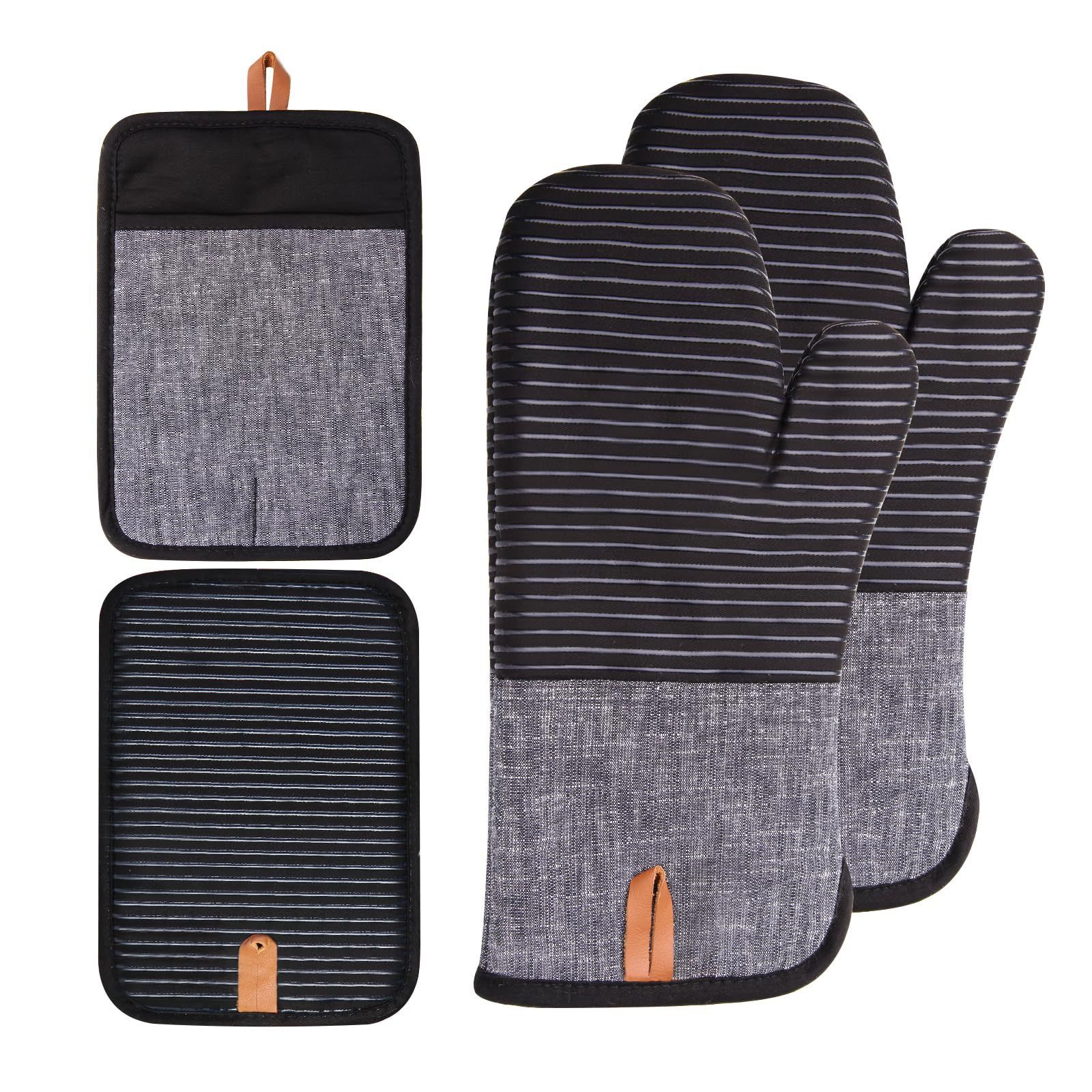 4PCS Oven Mitts and Pot Holders, Silicone Oven Gloves,  Heat Resistant Oven Mitts Sets, Non-Slip Silicone Textured Grip, (Black) - Image 1