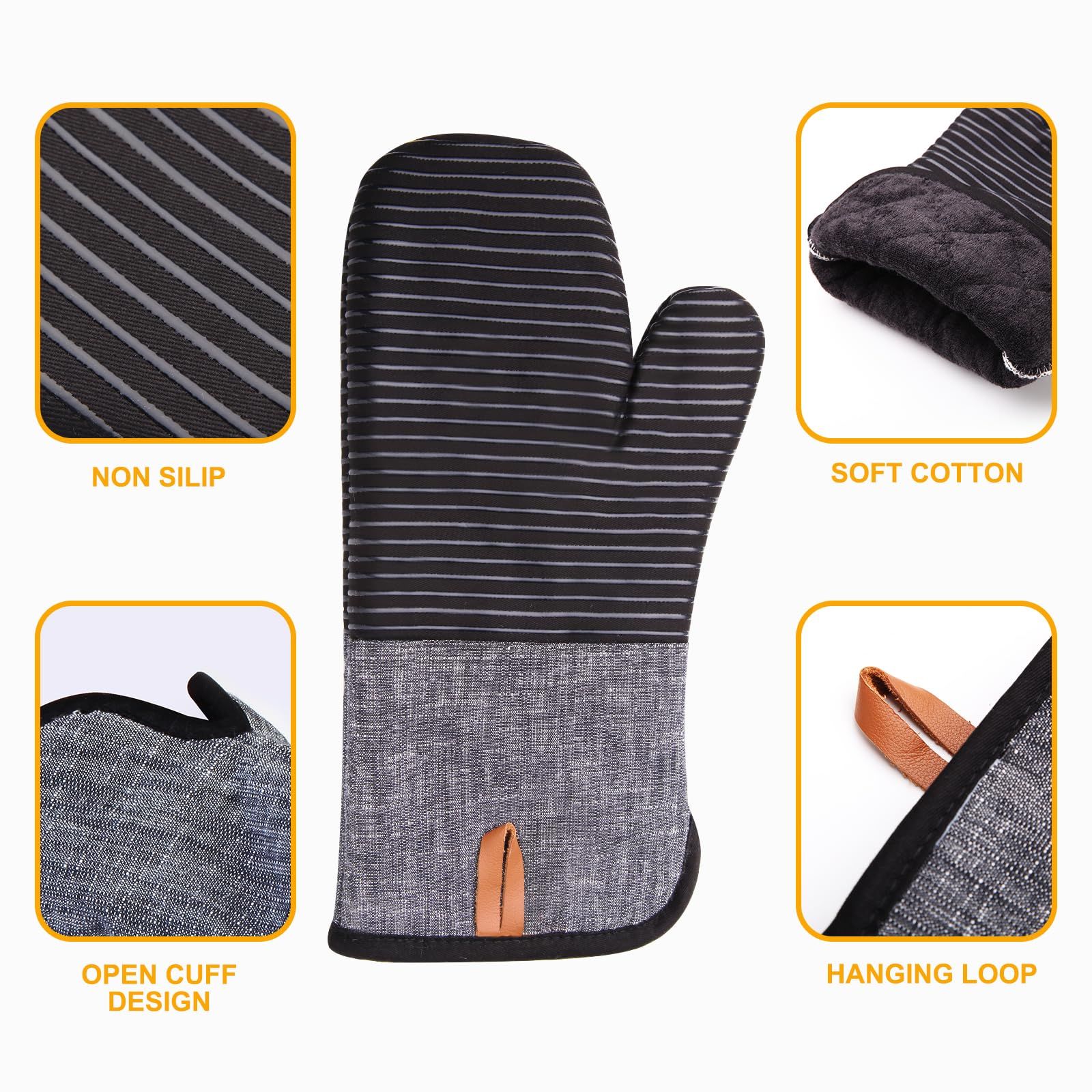 4PCS Oven Mitts and Pot Holders, Silicone Oven Gloves,  Heat Resistant Oven Mitts Sets, Non-Slip Silicone Textured Grip, (Black) - Image 2
