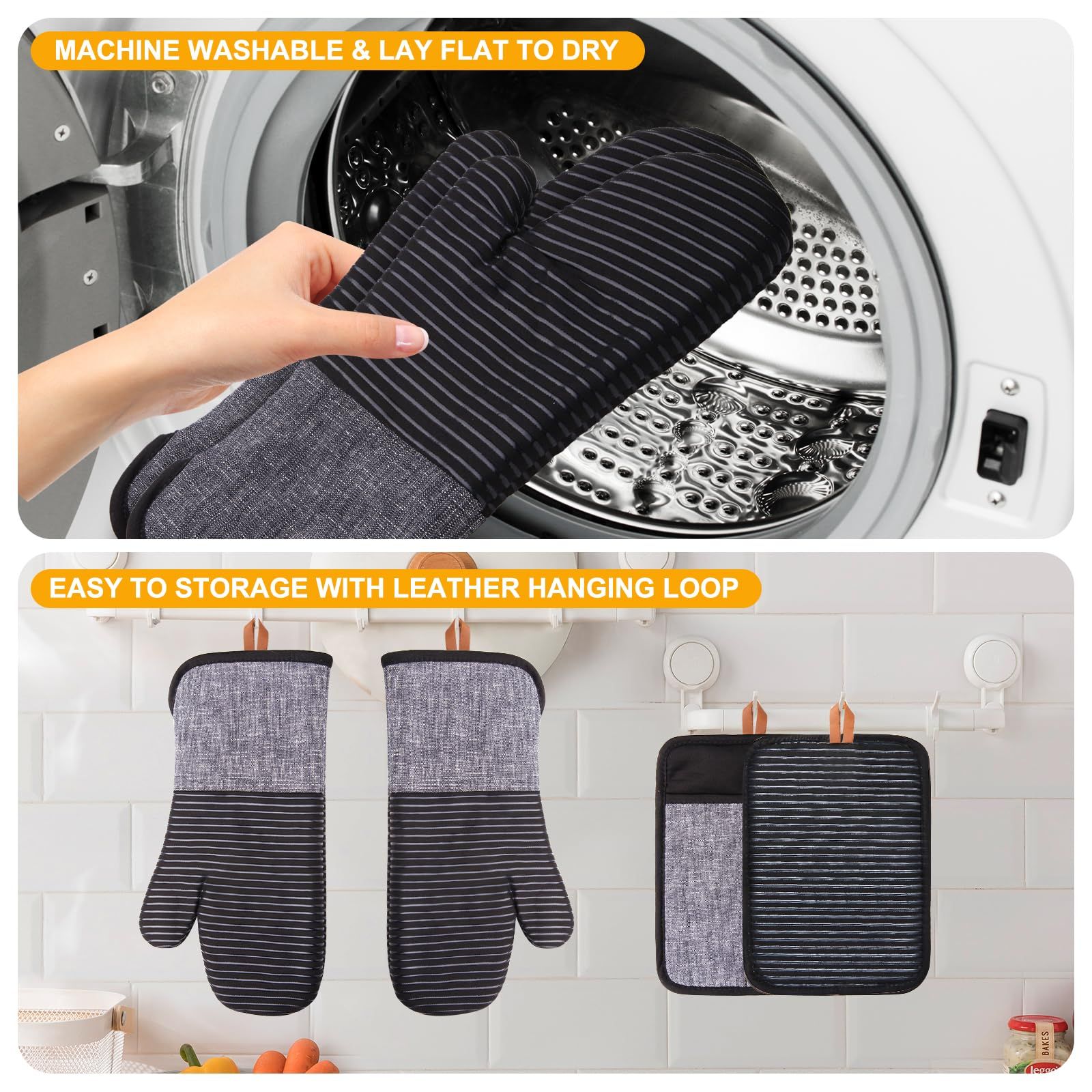 4PCS Oven Mitts and Pot Holders, Silicone Oven Gloves,  Heat Resistant Oven Mitts Sets, Non-Slip Silicone Textured Grip, (Black) - Image 3