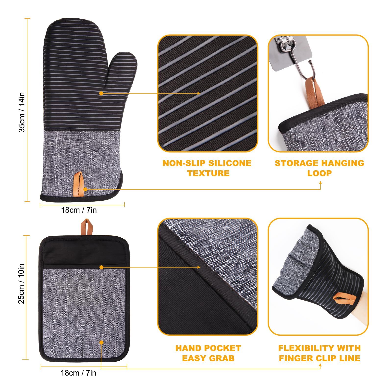 4PCS Oven Mitts and Pot Holders, Silicone Oven Gloves,  Heat Resistant Oven Mitts Sets, Non-Slip Silicone Textured Grip, (Black) - Image 5