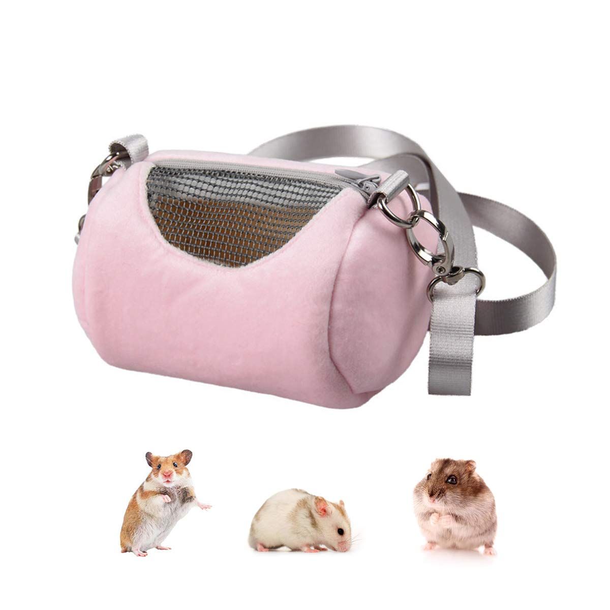 Dwarf Hamster Carrier Bag Portable Cylinder Warm Outdoor Bag with Adjustable Single Shoulder Strap (Pink) - Image 1