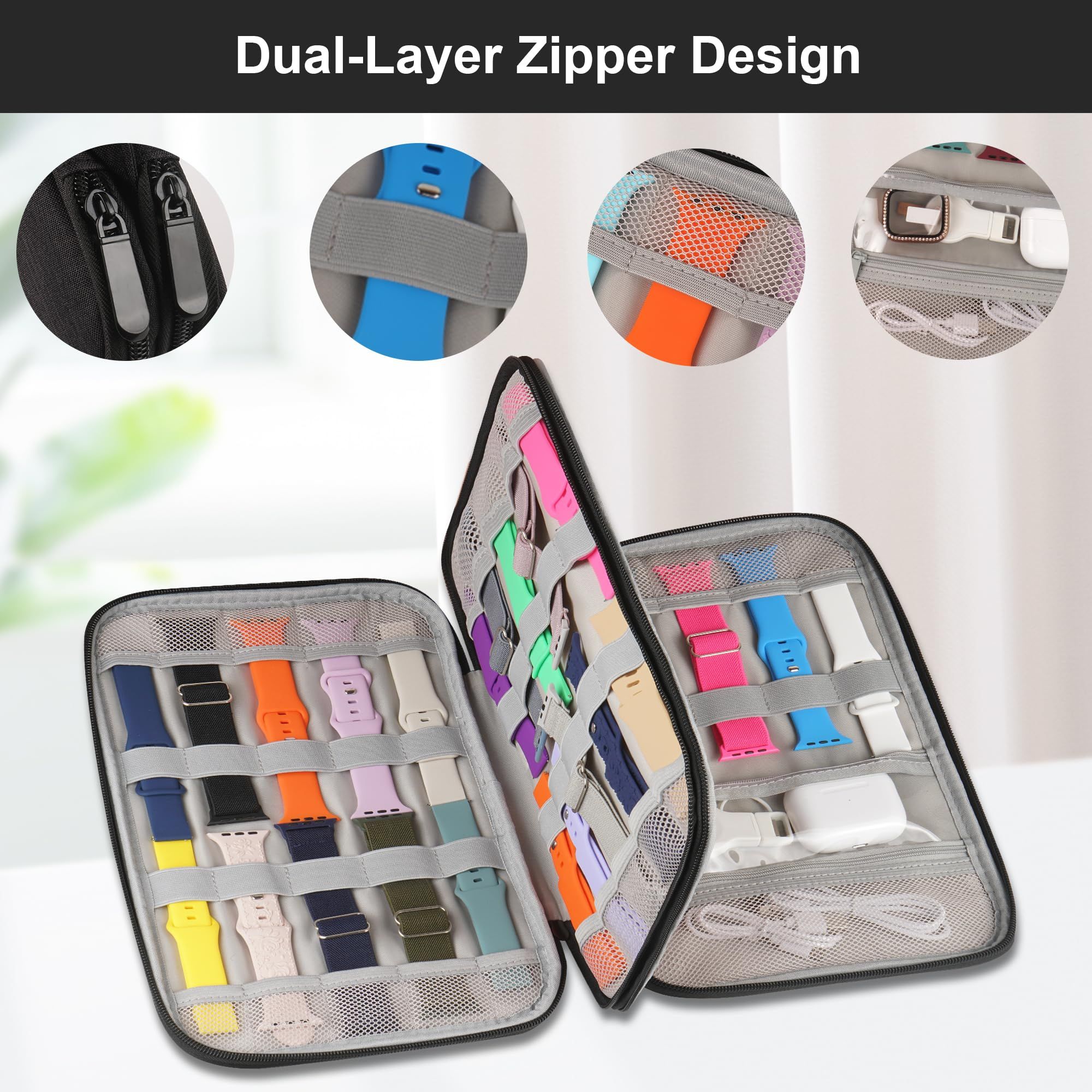 Watch Band Storage Case Watch Band Organizer Bag Watch Band Case and Storage Holder Watch Bands Holder Carrying Case Compatible with 35 Watch Straps and Accessories, Black - Image 2