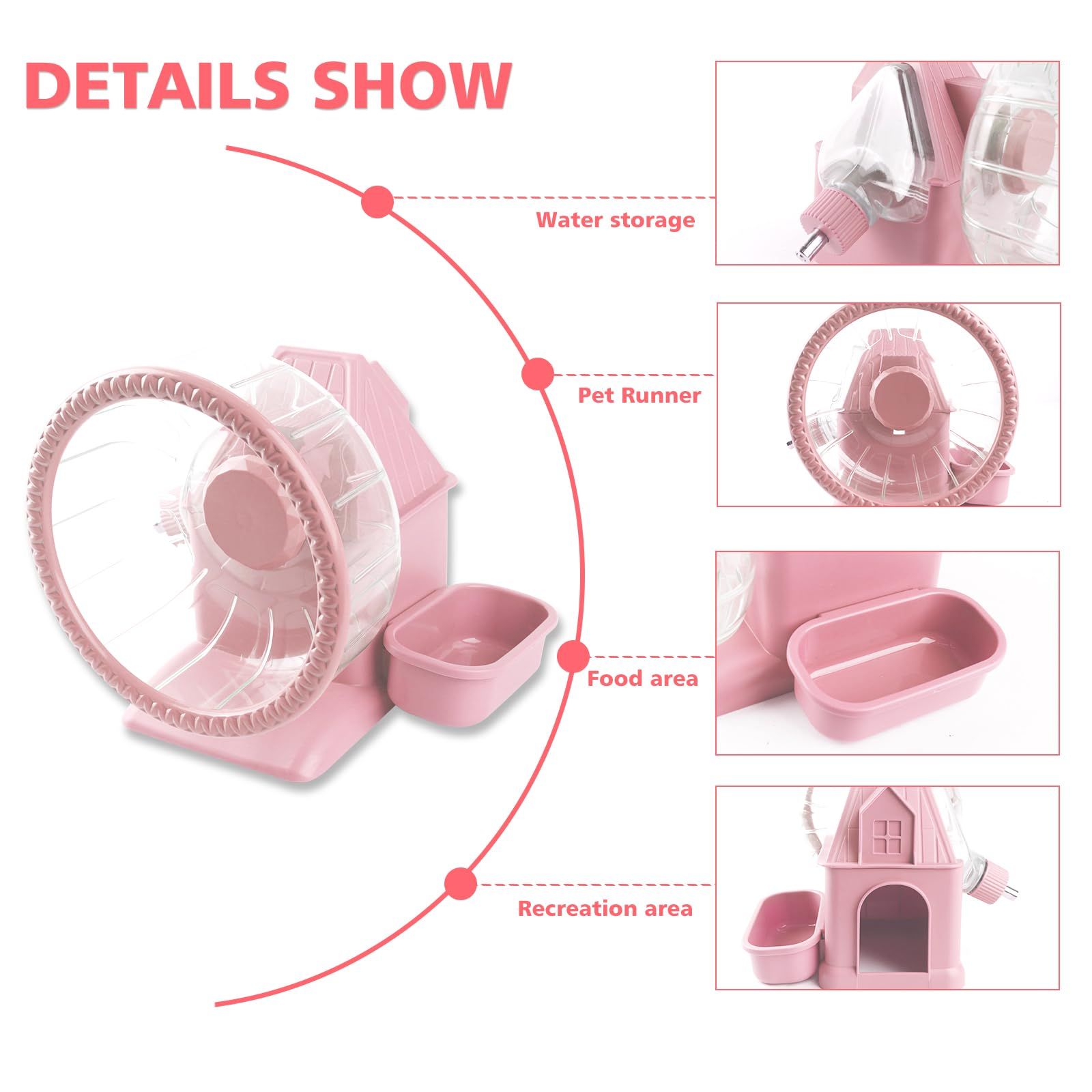 4 in 1 Silent Large Hamster Wheel Multifunctional Hamster Running Wheel Quite Running Spinner Wheel Accessories with Food Bowl Water Bottle for Hamsters Dwarf Gerbil (pink) - Image 4