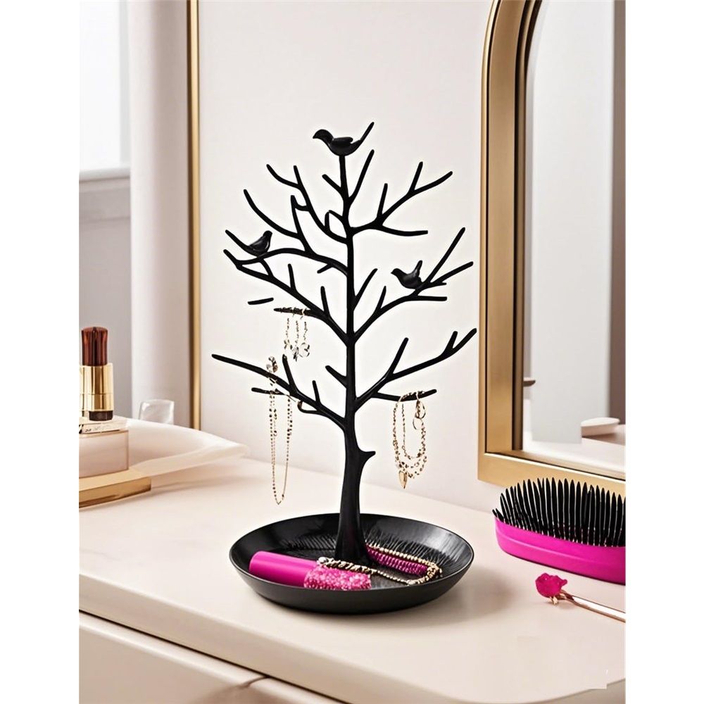 Jewelry Tree Necklace Earring Holder Modern Cute Bird Jewelry Stand for Women Girls Teen,with Tray Antique Rack Tower Decoration, Black (oniy box) - Image 5