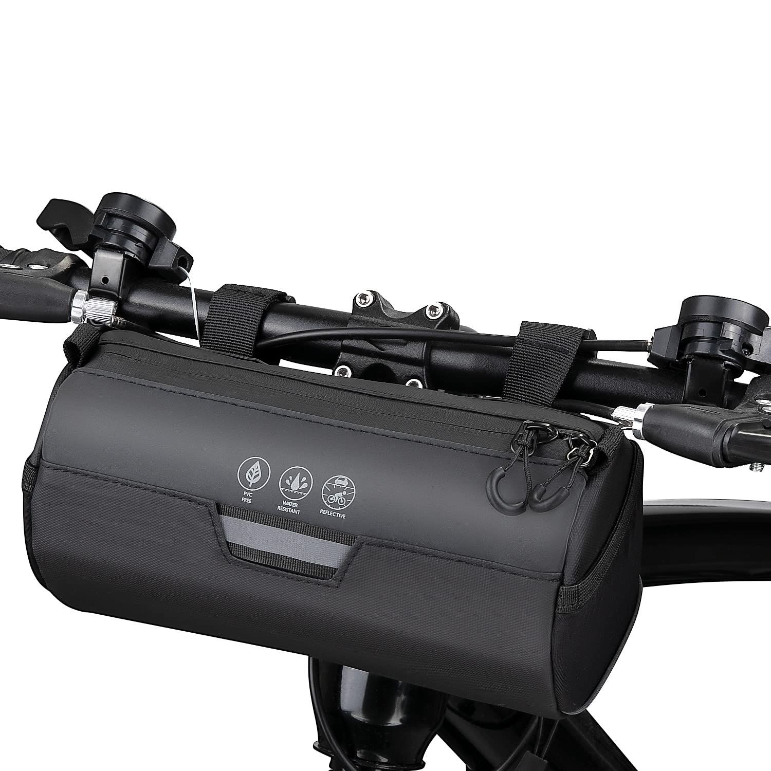 Bike Handlebar Bag Waterproof - Bicycle Handlebar Roll Bag with Large Reflective Area, Bike Front Pouch with Waterproof Zipper Shoulder Strap Removable Straps for Cycling (Cylinder, 2L) - Image 1