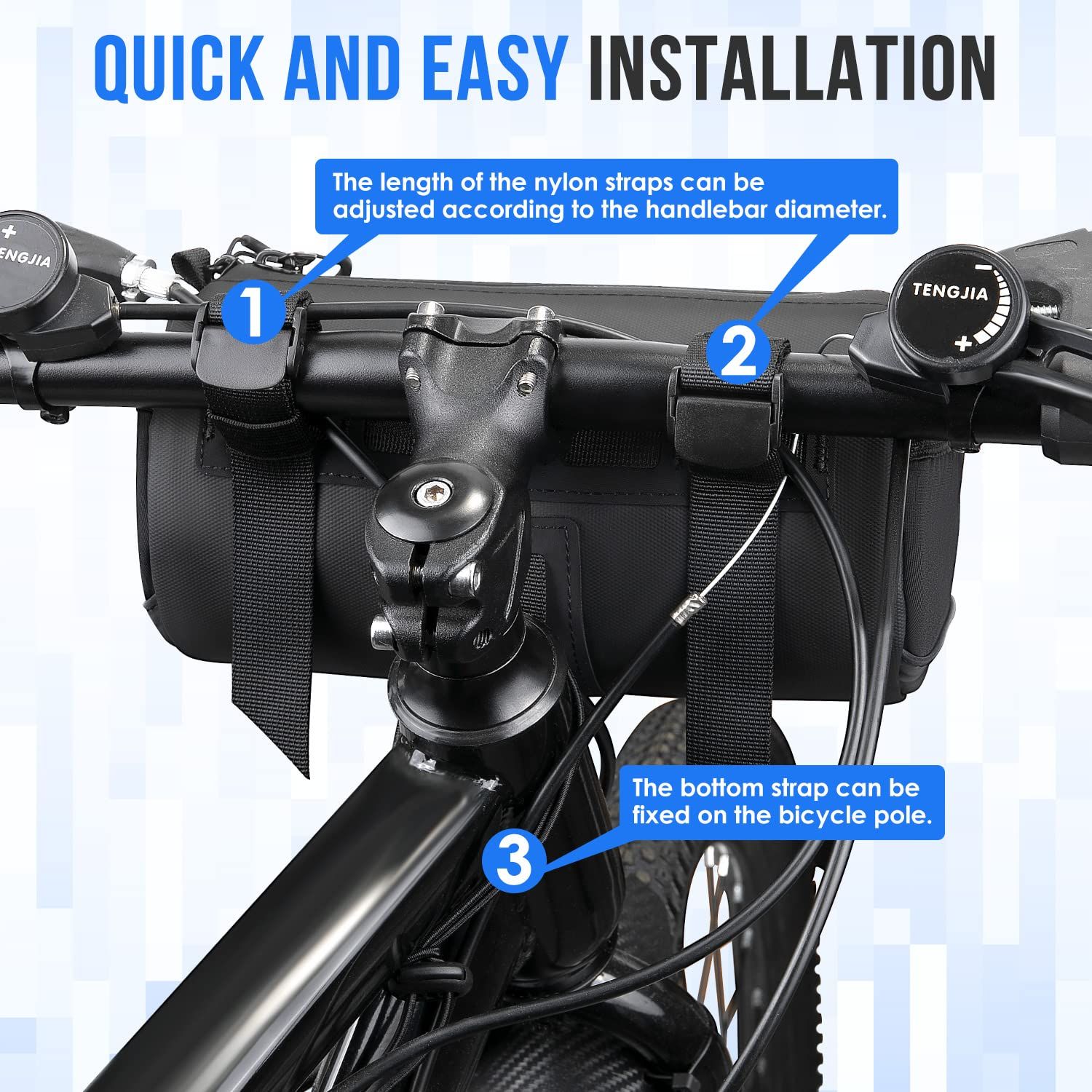 Bike Handlebar Bag Waterproof - Bicycle Handlebar Roll Bag with Large Reflective Area, Bike Front Pouch with Waterproof Zipper Shoulder Strap Removable Straps for Cycling (Cylinder, 2L) - Image 4