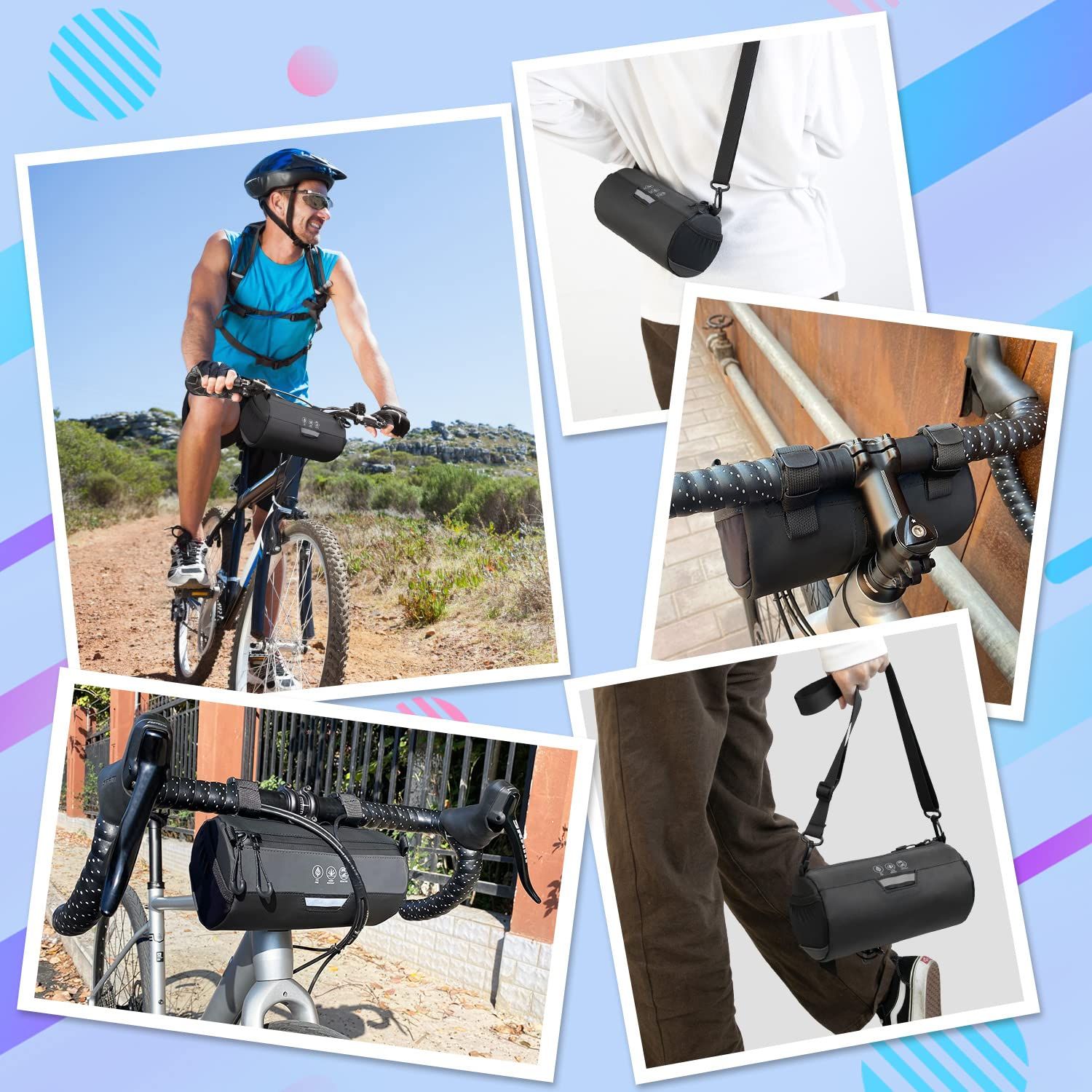 Bike Handlebar Bag Waterproof - Bicycle Handlebar Roll Bag with Large Reflective Area, Bike Front Pouch with Waterproof Zipper Shoulder Strap Removable Straps for Cycling (Cylinder, 2L) - Image 5