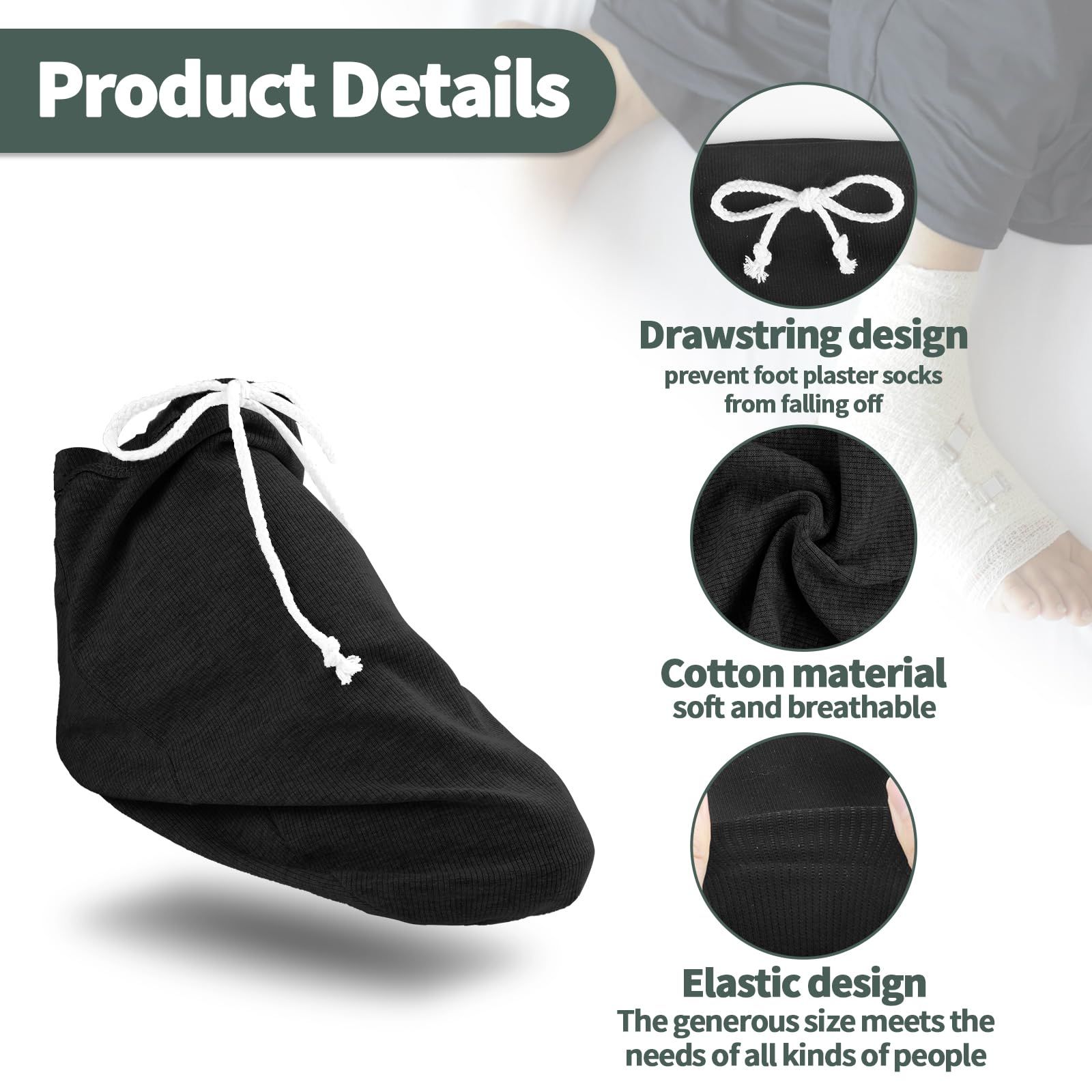 4 Pcs Cast Sock for Leg Foot Cover Below Knee Sleeve Adjustable Drawstring Cast Wound Protector for Men Women Foot Leg Ankle(14.5 x 9.84 In,Black，2 pairs) - Image 3