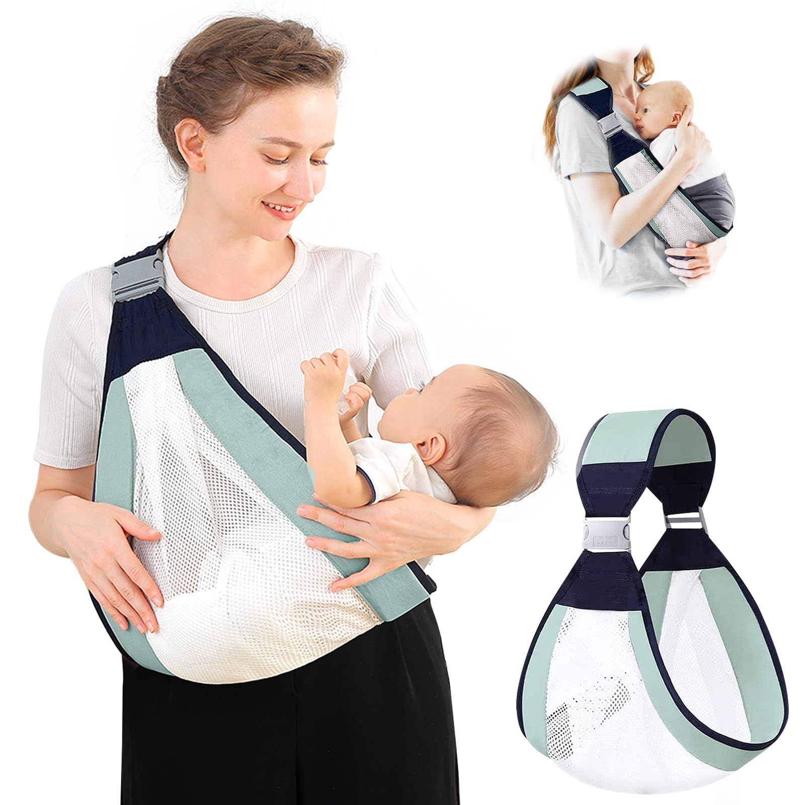 Baby Sling Carrier, Adjustable Half Wrapped Sling Hip Carrier - Lightweight Breathable Mesh Fabric for Newborn (Green) - Image 1