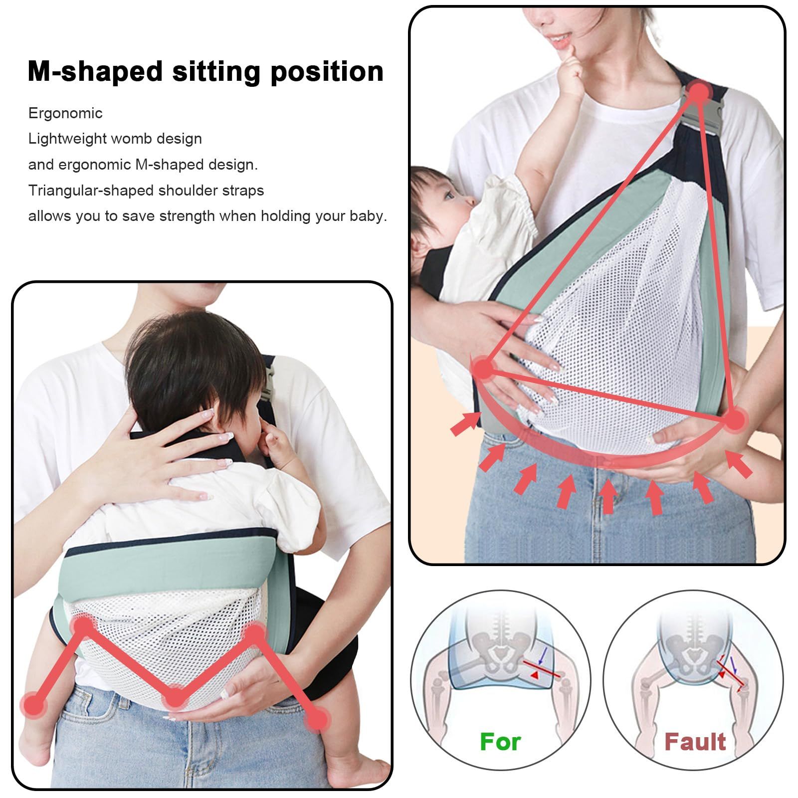 Baby Sling Carrier, Adjustable Half Wrapped Sling Hip Carrier - Lightweight Breathable Mesh Fabric for Newborn (Green) - Image 5