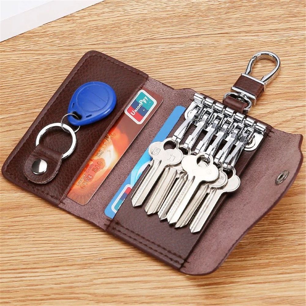 Car Key Case for Men and Women Small Leather Key Holder Key Cover with 6 KeyChains （brown）Key Holder Case, Large Capacity Leather Key Case Wallet Multi-Functional Key Bag - Image 3