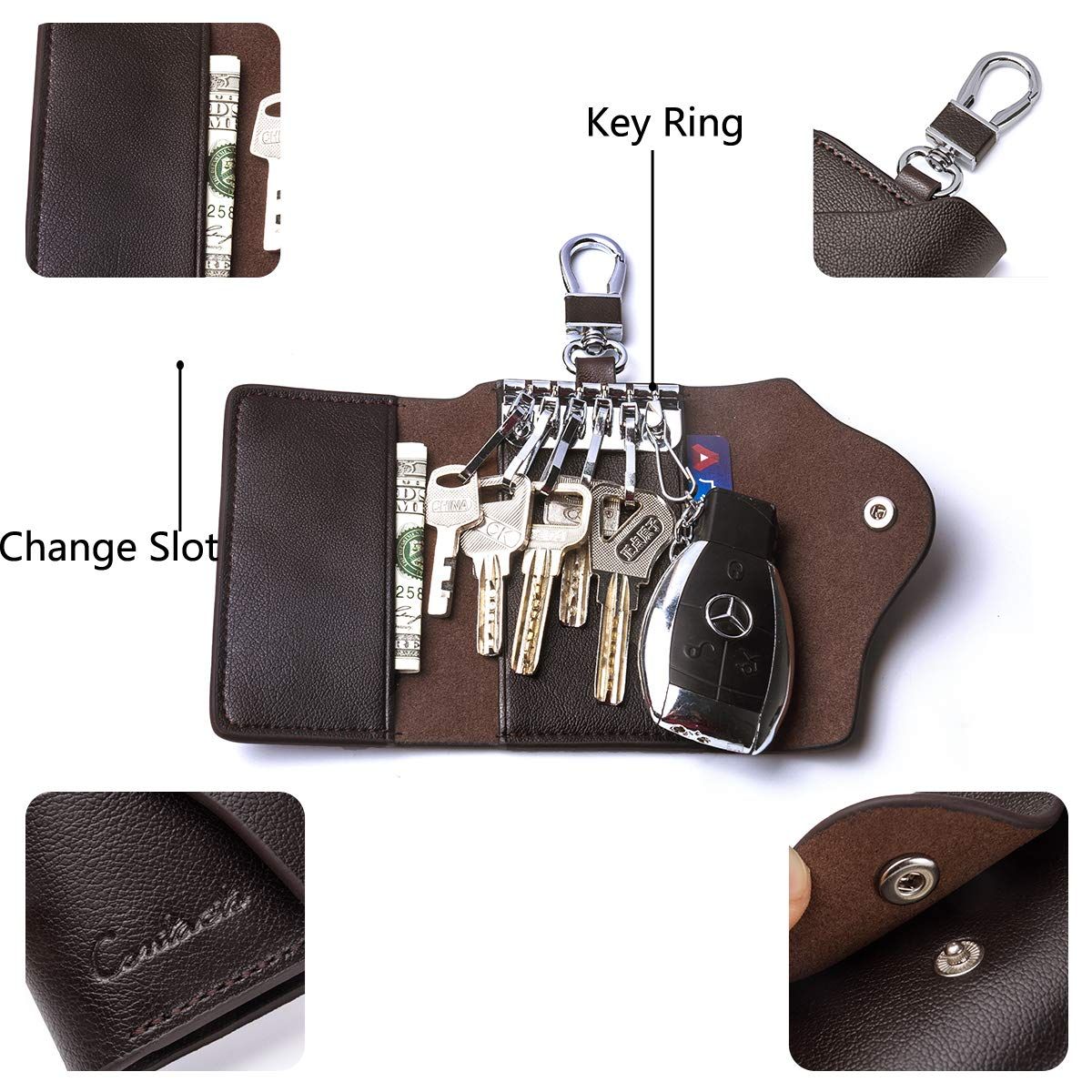 Car Key Case for Men and Women Small Leather Key Holder Key Cover with 6 KeyChains （brown）Key Holder Case, Large Capacity Leather Key Case Wallet Multi-Functional Key Bag - Image 4