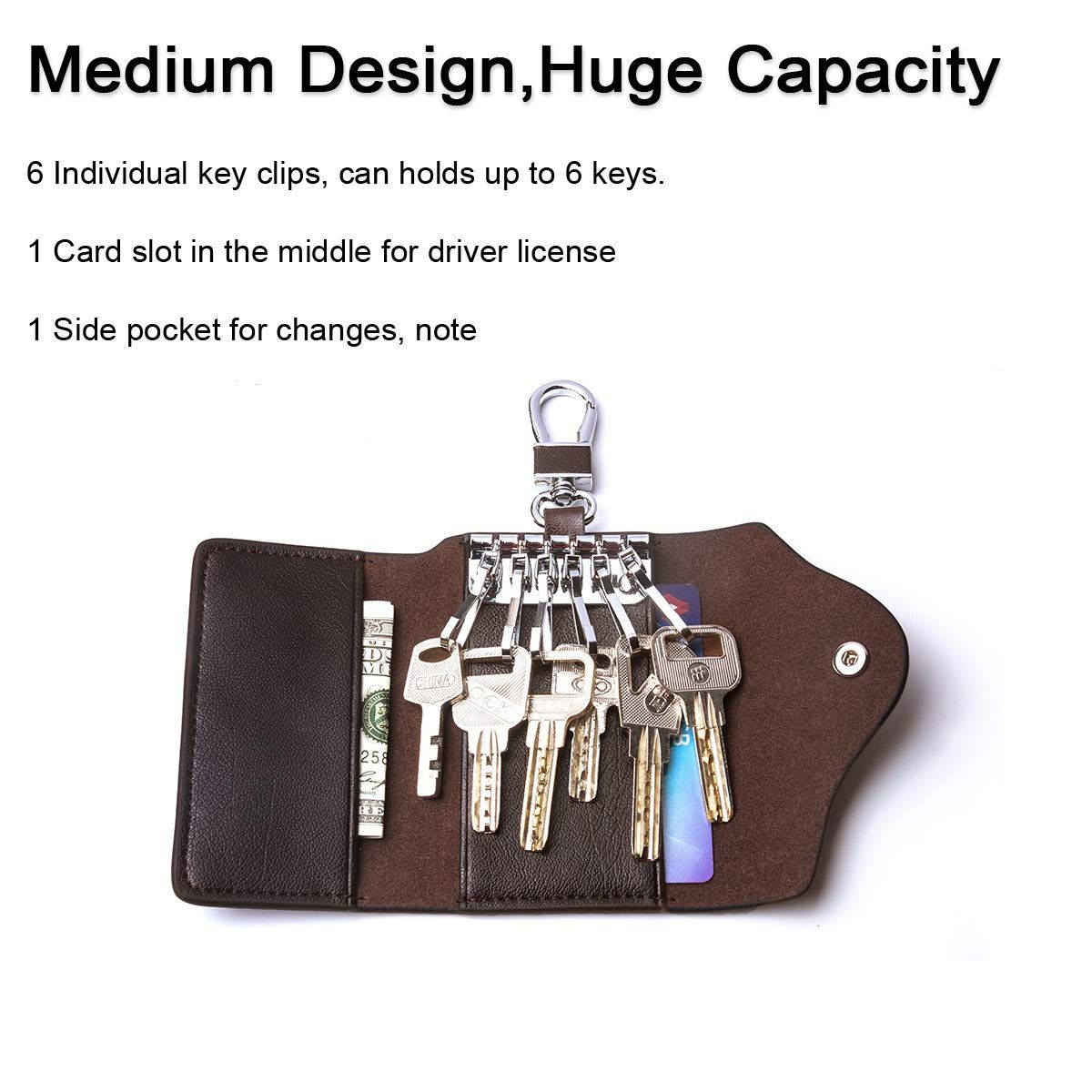Car Key Case for Men and Women Small Leather Key Holder Key Cover with 6 KeyChains （brown）Key Holder Case, Large Capacity Leather Key Case Wallet Multi-Functional Key Bag - Image 5