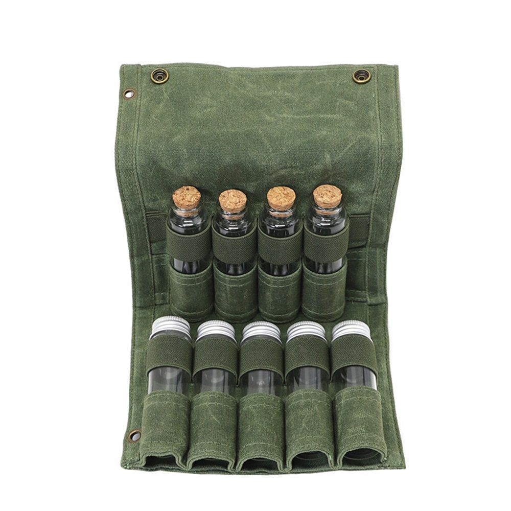 Camping Spice kit with 9 spice Jar Canvas Travel Seasoning container, portable spice bag for travel (MILITARY GREEN) - Image 1