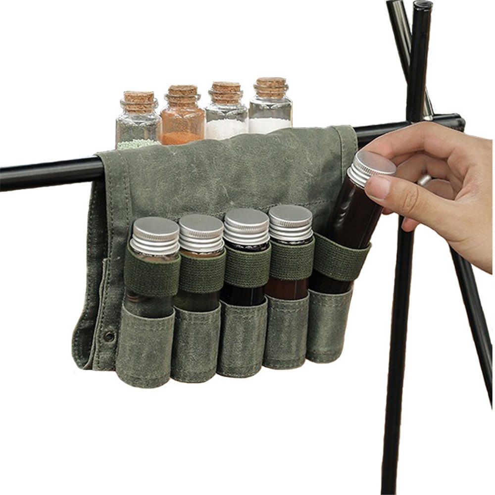 Camping Spice kit with 9 spice Jar Canvas Travel Seasoning container, portable spice bag for travel (MILITARY GREEN) - Image 2