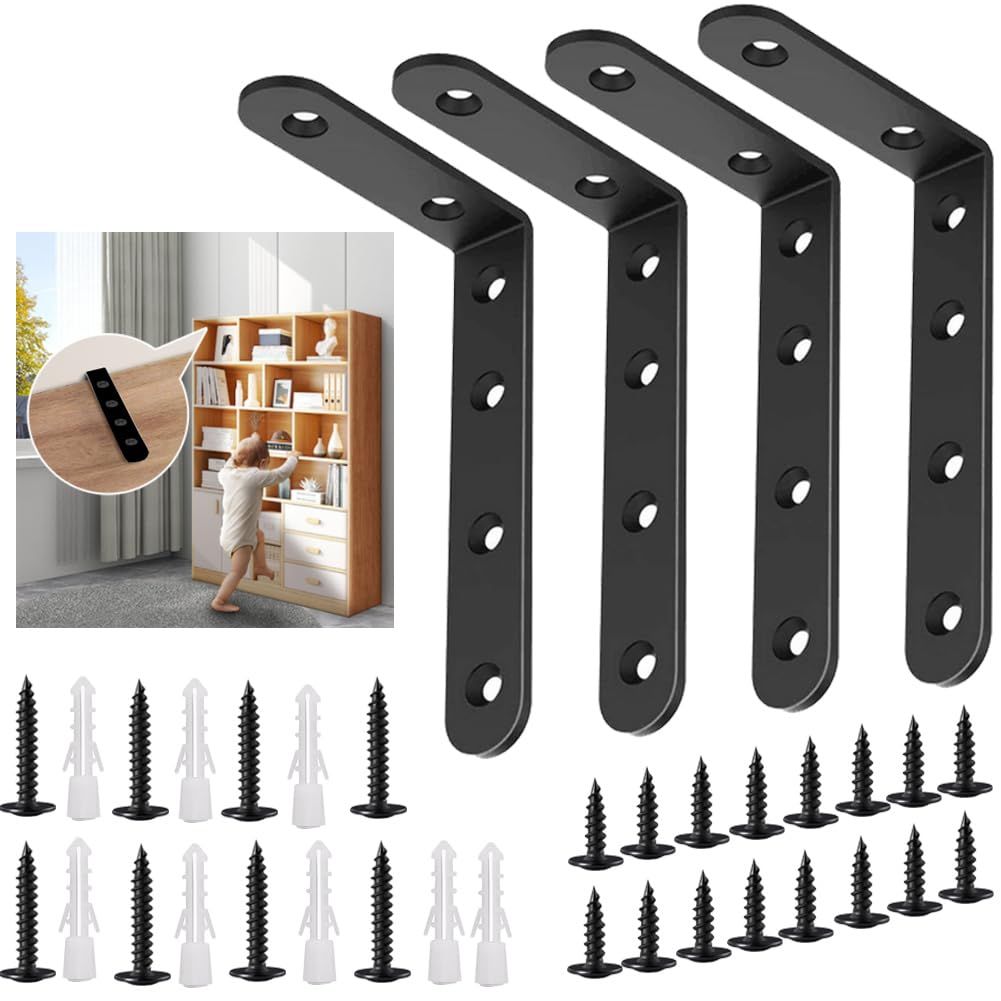 Anti Tip Furniture Anchors for Pet Proofing,Furniture Wall Anchor Furniture Dresser Bookshelf Falling Prevention Device for Children (Black 4pcs) - Image 1