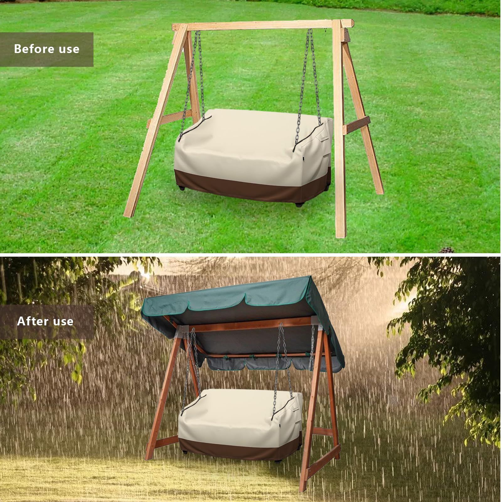 Porch Swing Cover, 56x32x25 Inches, Outdoor Swing Cover Waterproof for Patio Garden Furniture, Patio Swing Cover All Weather Protection ( Beige +brown) - Image 2