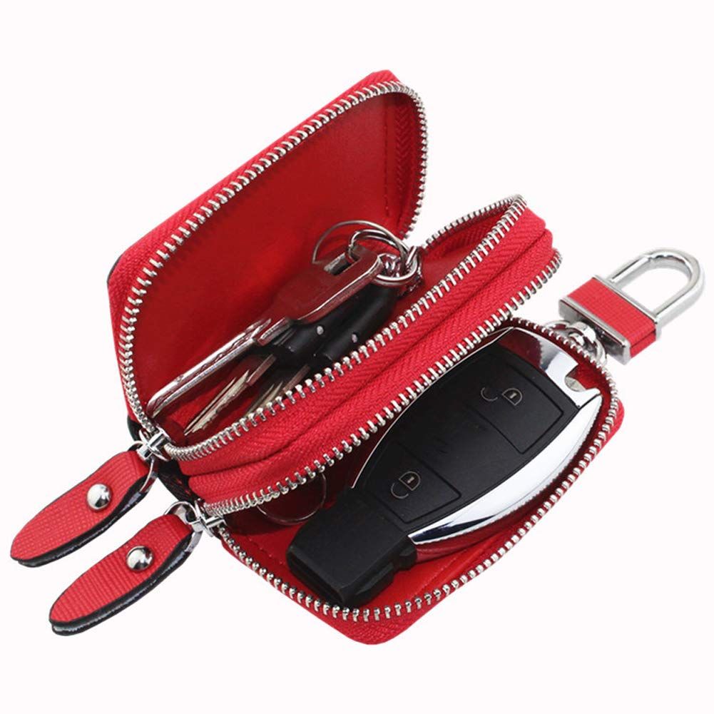 Key Fob Case Genuine Leather, Double Zipper Car Key Holder & Key Wallet with Keychain, Key Pouch for Purse Gift - Image 2