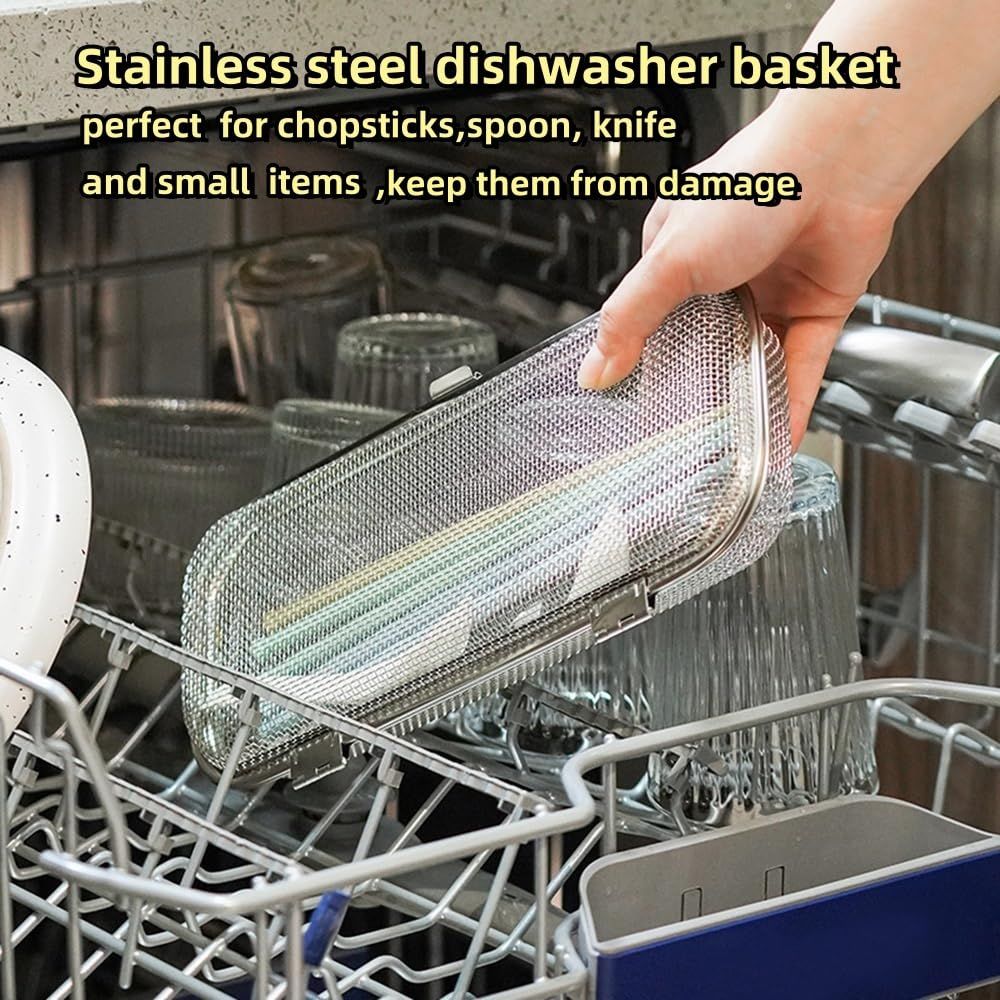 Dishwasher Basket, Stainless Steel Dishwasher Silverware Basket, Replacement Utensil Rectangular Mesh Drain for Small Items - Image 3