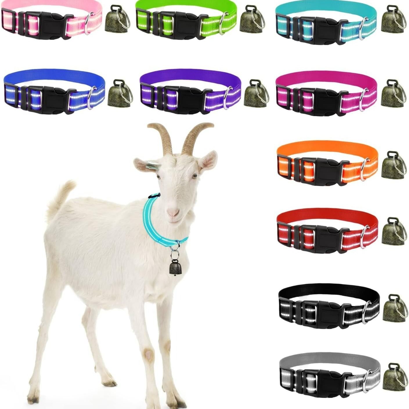 10 Pack Reflective Goat Collar with Crisp Bells,Adjustable Nylon Sheep Collar with Anti-Lost Grazing Copper Bell Quick-Release Buckle for Farm Livestock Goat Sheep Cow - Image 1