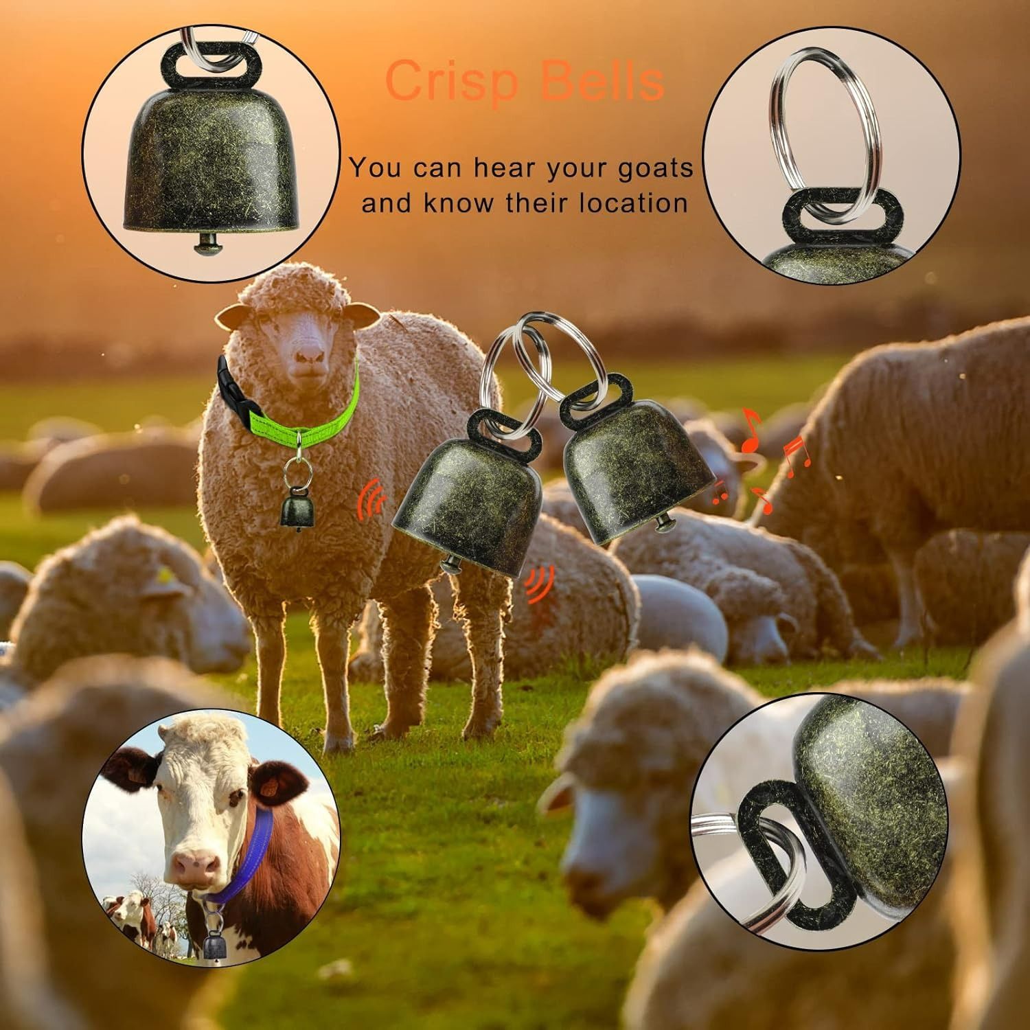 10 Pack Reflective Goat Collar with Crisp Bells,Adjustable Nylon Sheep Collar with Anti-Lost Grazing Copper Bell Quick-Release Buckle for Farm Livestock Goat Sheep Cow - Image 3