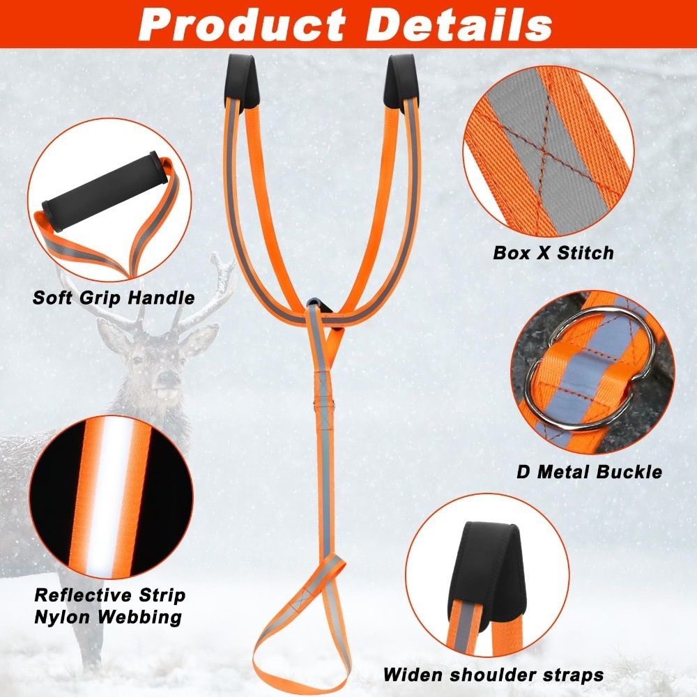Deer Drag Harness & Rope – Heavy Duty 480lbs Capacity, Reflective Orange Hunting Gear with Comfortable Shoulder Strap, Soft Handle – Essential for Dragging Deer, Elk, Boar – Gift for Hunters - Image 3