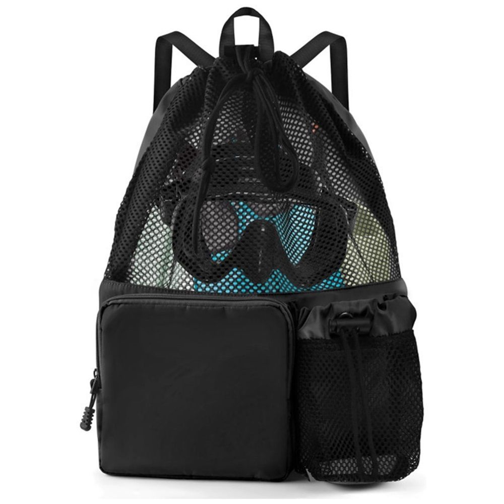 Swim Bag Beach Backpack with Wet Pocket Mesh Drawstring Bags for Swimming, Gym black Mesh Swim Bag Beach Drawstring Backpack, Waterproof Gym Bags for Women and Men - Image 1