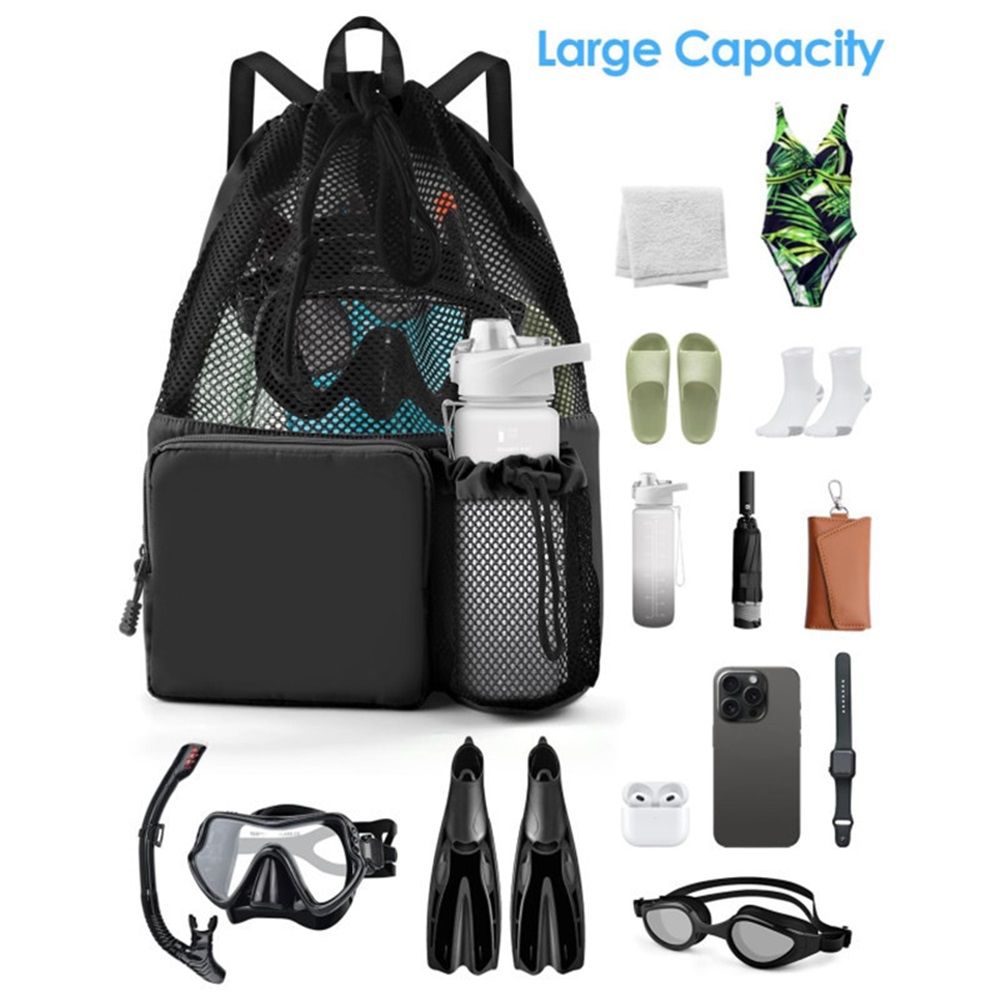 Swim Bag Beach Backpack with Wet Pocket Mesh Drawstring Bags for Swimming, Gym black Mesh Swim Bag Beach Drawstring Backpack, Waterproof Gym Bags for Women and Men - Image 5