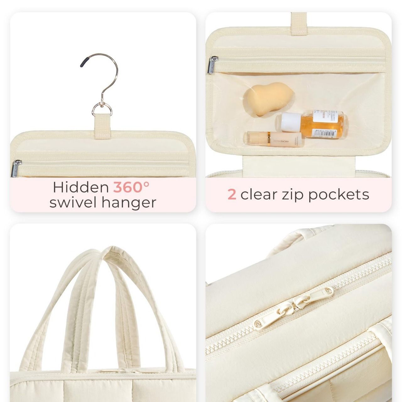Toiletry Bag Hanging Travel Makeup Organizer Cosmetic Bag Makeup Bag for Full Sized Toiletries, Large beige - Image 3
