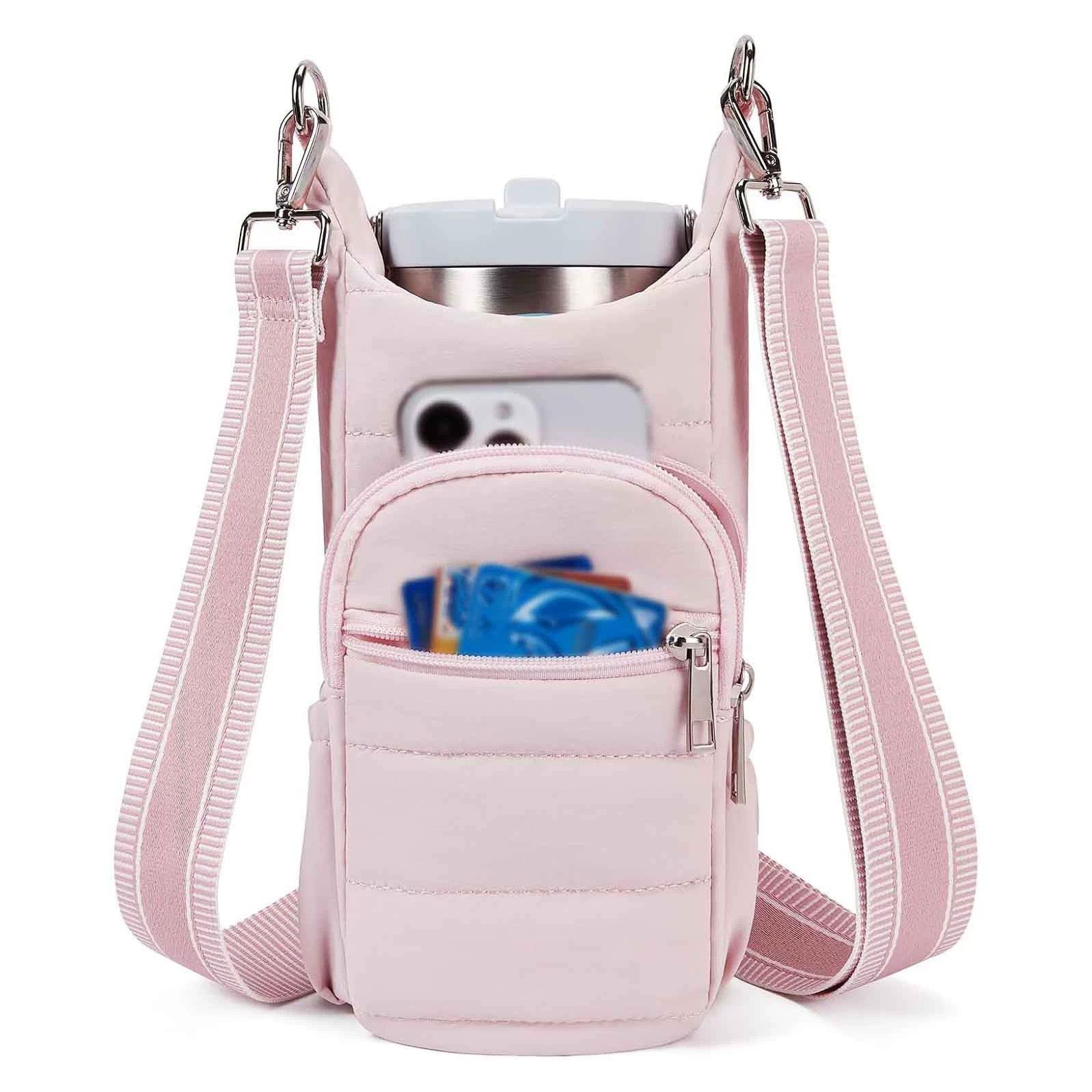 Water Bottle Holder Crossbody Bags for Women for Walking, Hiking, Cycling（pink）Tumbler with Handle, Cup Holder Pouch w/Adjustable Strap - Image 1