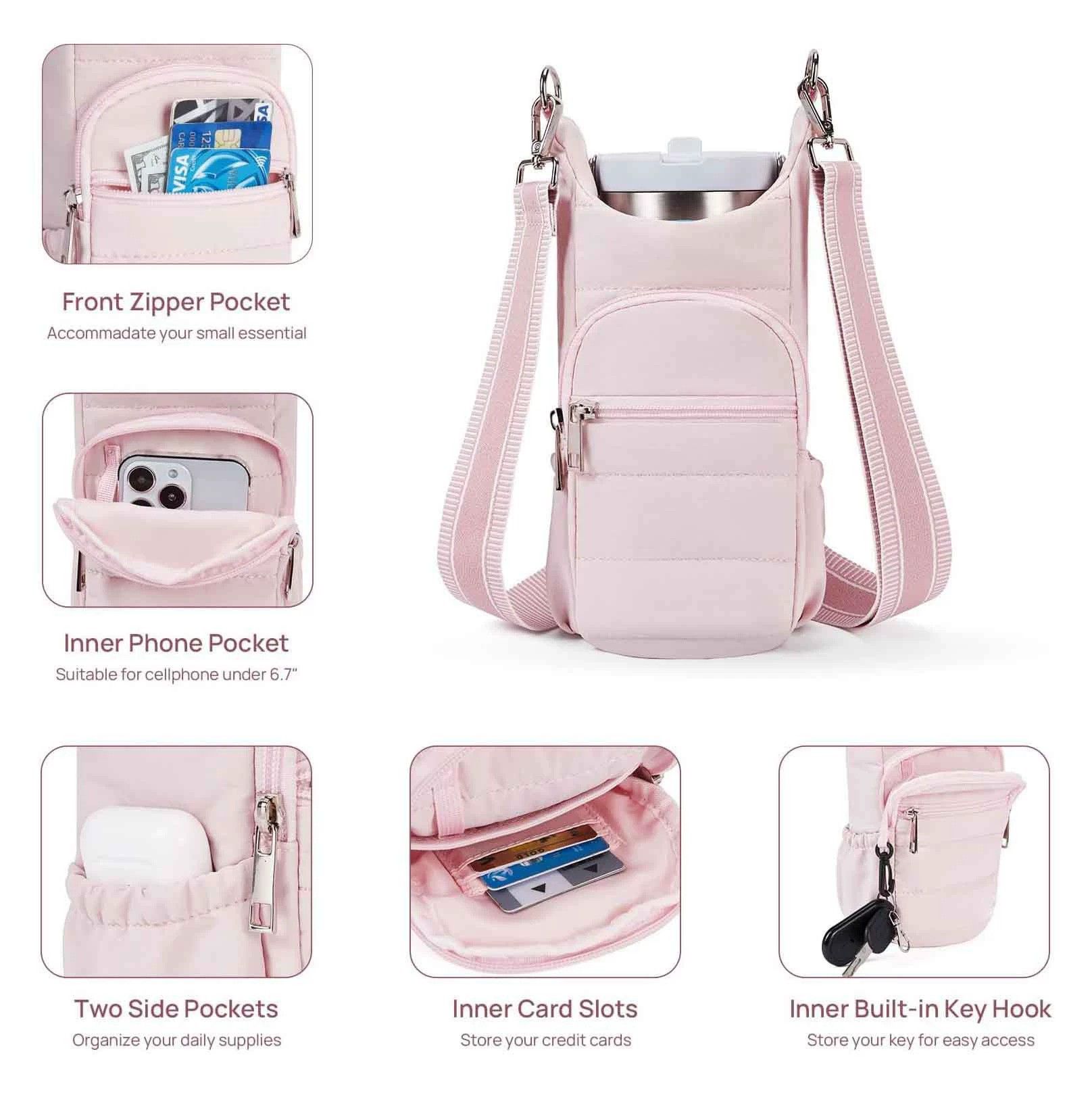 Water Bottle Holder Crossbody Bags for Women for Walking, Hiking, Cycling（pink）Tumbler with Handle, Cup Holder Pouch w/Adjustable Strap - Image 4