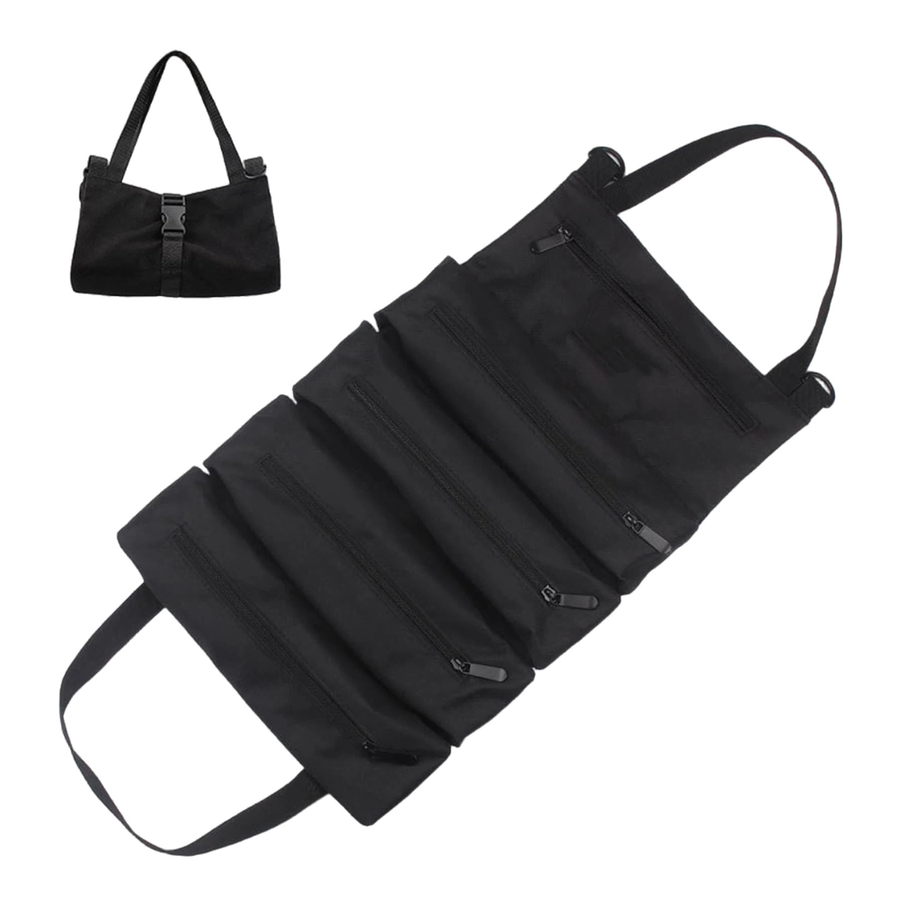 Tool Roll Up Pouch - Canvas Multi-Purpose Wrench Roll Up Bag, Organizer with 5 Zipper Tool Pockets, Hanging Carrier (black) - Image 1