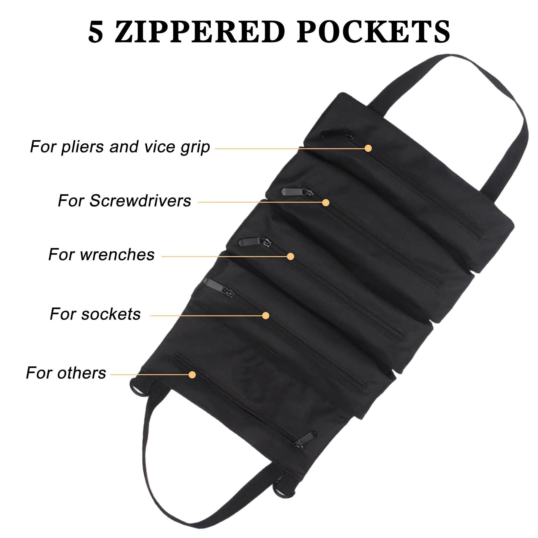 Tool Roll Up Pouch - Canvas Multi-Purpose Wrench Roll Up Bag, Organizer with 5 Zipper Tool Pockets, Hanging Carrier (black) - Image 4
