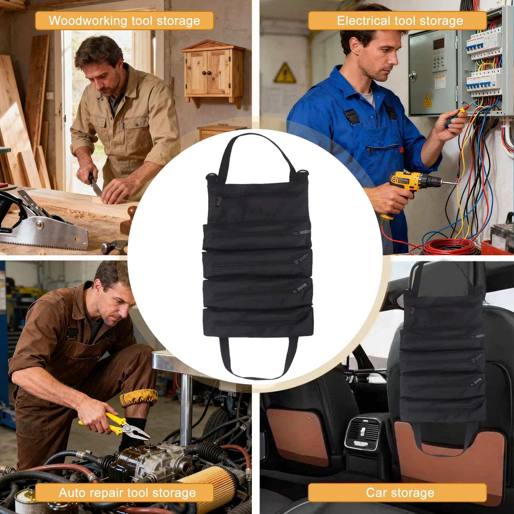 Tool Roll Up Pouch - Canvas Multi-Purpose Wrench Roll Up Bag, Organizer with 5 Zipper Tool Pockets, Hanging Carrier (black) - Image 5