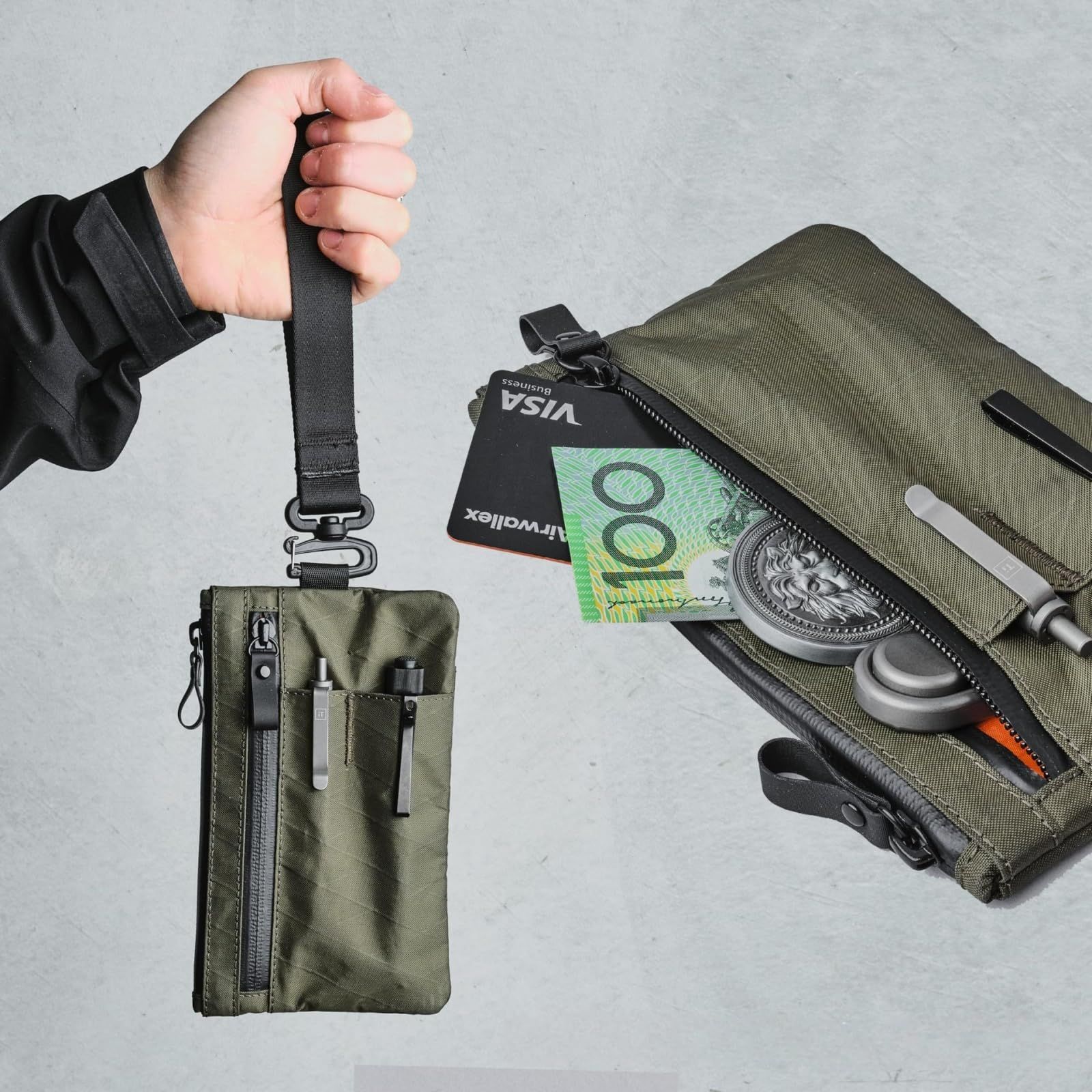 Multi-tool Slots EDC Organizer Pouch Nylon Passport Holder & EDC Wallet - Zip Clutch with Wrist Strap，3 External Slots for Travel, Cash, Cards, Phone, Keys (Olive Green) - Image 3
