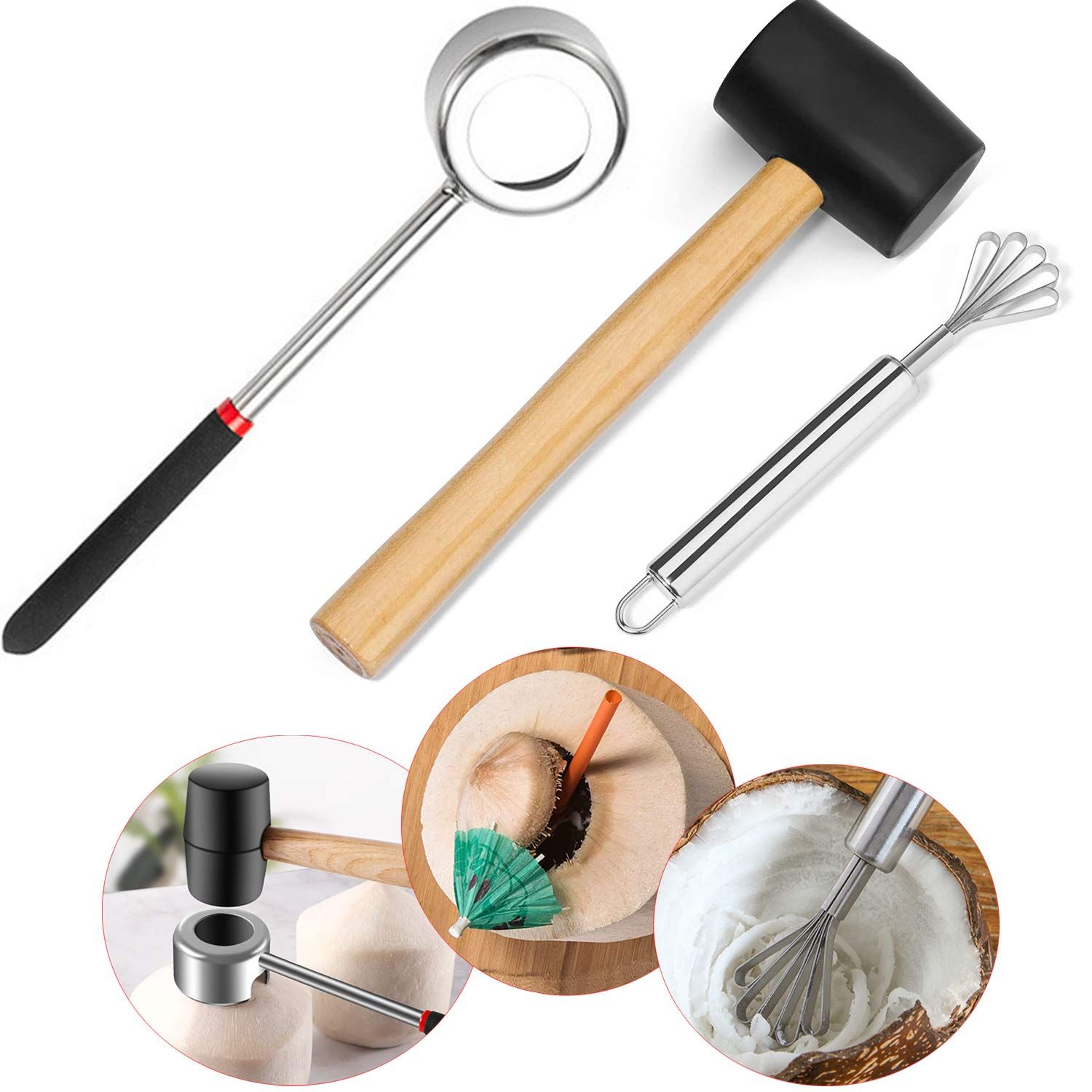 Coconut Opener Set for Young & Mature Coconuts by  |Coconut Tools for Meat Removal with Hammer & Stainless Steel Knife - Image 1