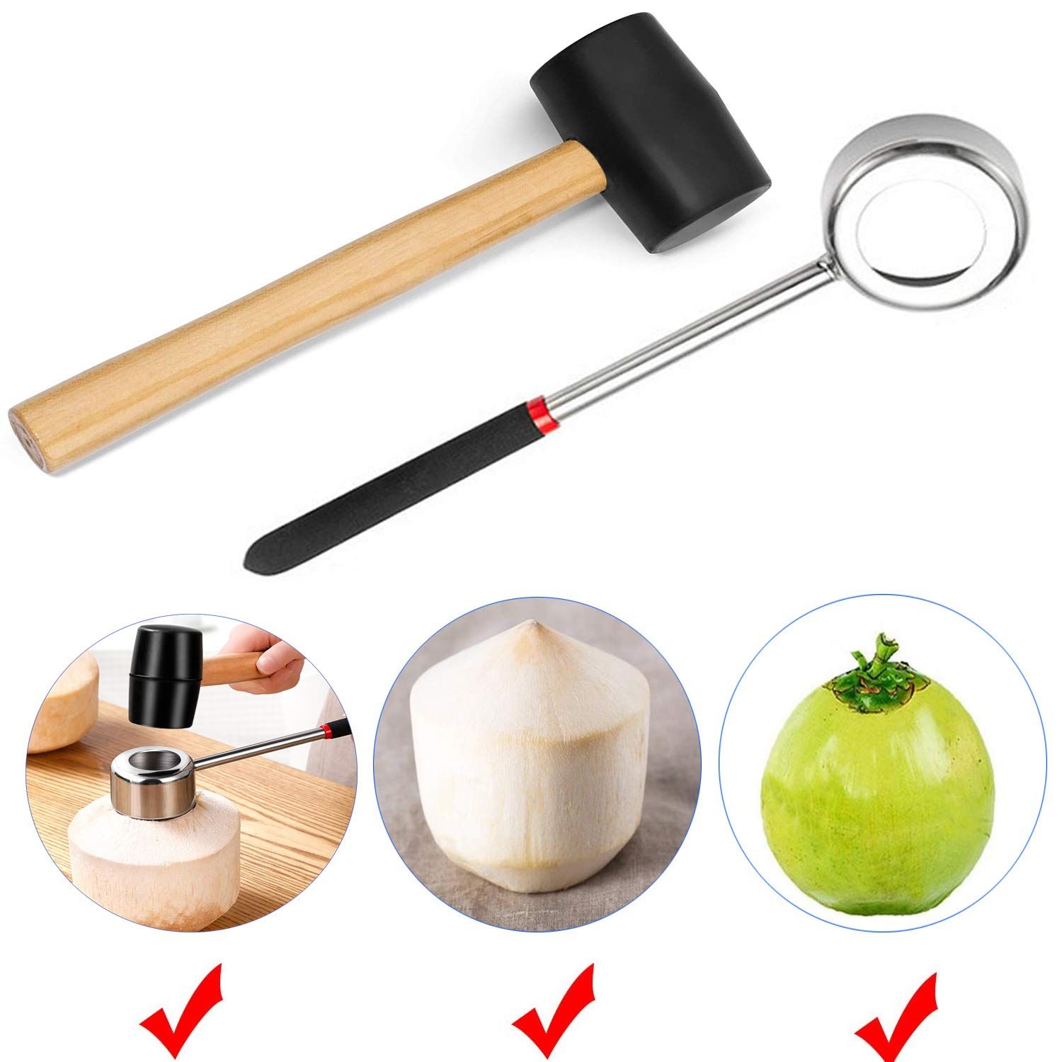 Coconut Opener Set for Young & Mature Coconuts by  |Coconut Tools for Meat Removal with Hammer & Stainless Steel Knife - Image 2
