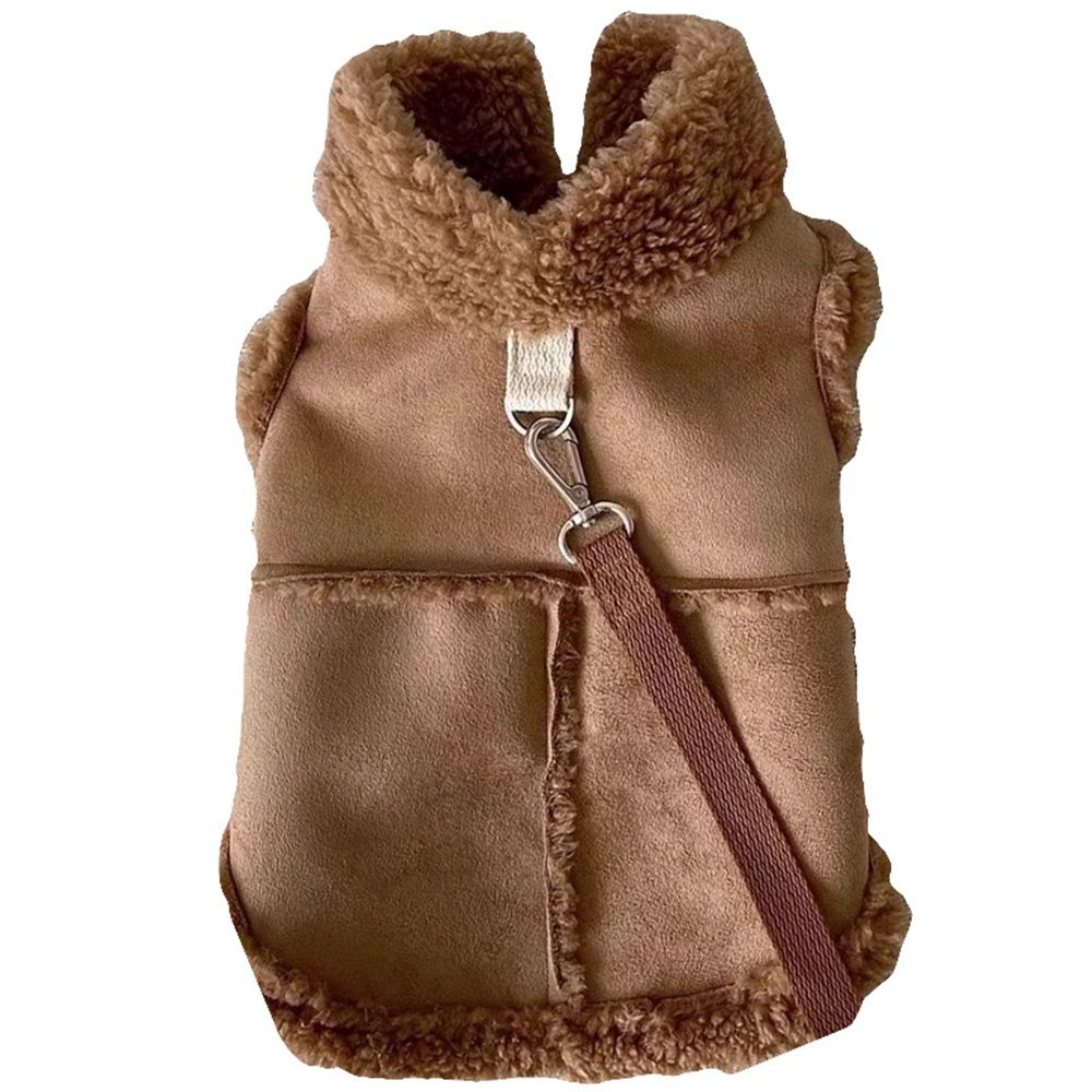 Warm and windproof suede dog clothing, suitable for small and medium-sized dogs, pet motorcycle clothing, Brown,S Excluding rope - Image 1