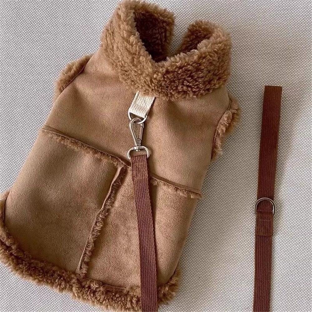 Warm and windproof suede dog clothing, suitable for small and medium-sized dogs, pet motorcycle clothing, Brown,S Excluding rope - Image 2