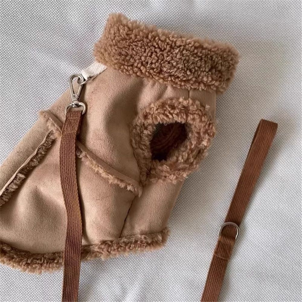 Warm and windproof suede dog clothing, suitable for small and medium-sized dogs, pet motorcycle clothing, Brown,S Excluding rope - Image 3