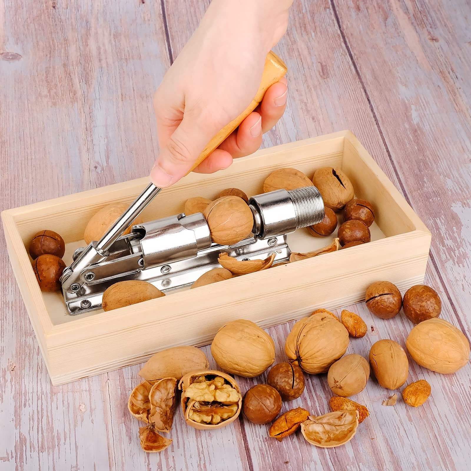 Nutcracker Heavy Duty Nut cracker Pecan Cracker Walnut Cracker Tool with Wood Box Bowl, Pecans, Hazelnuts - Image 3