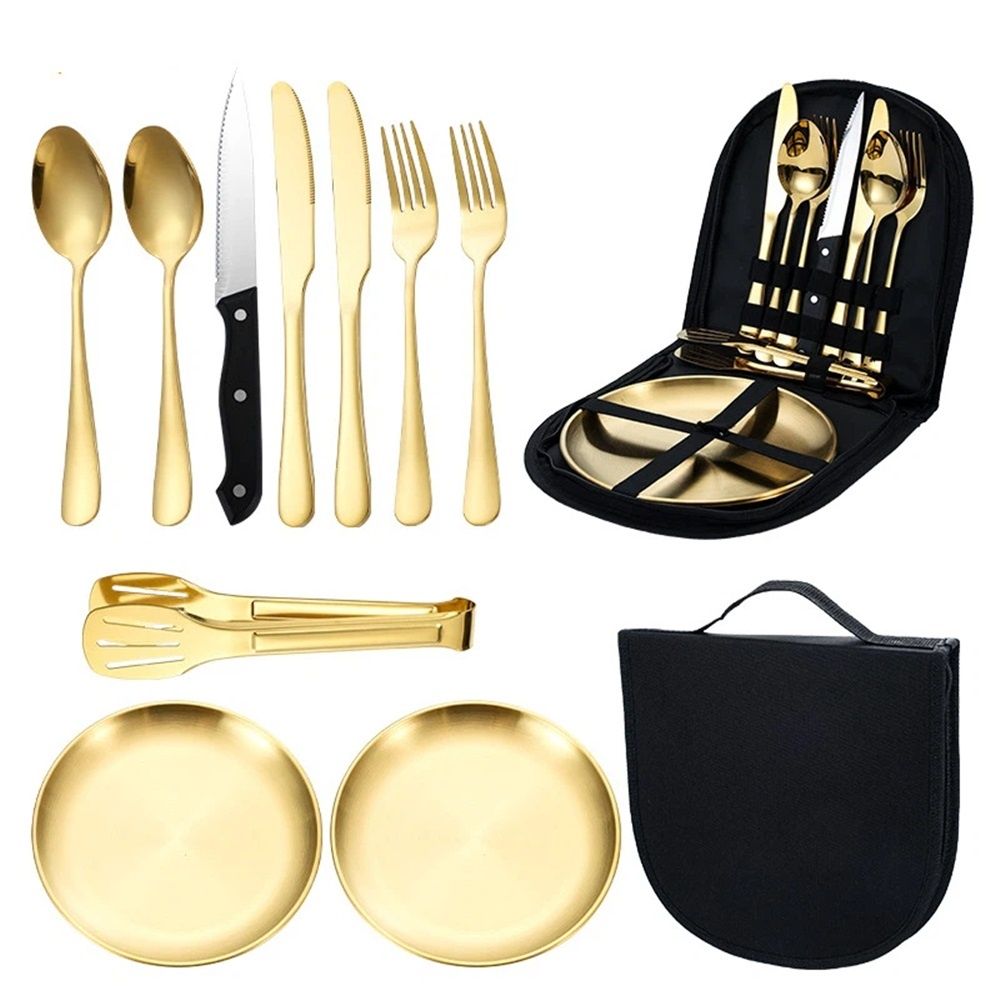Camping Utensil Set, Camping Silverware Set for 2, Reusable Travel Cutlery with Case Include Knife Fork Spoon Dish - Image 5