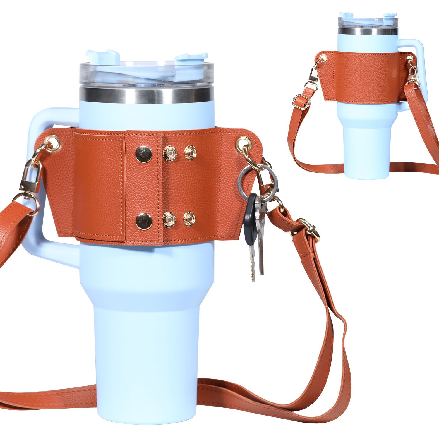 2 pack Water Bottle Holder with Strap 40oz, Simple Modern 40oz Tumbler, Vegan Leather Waterbottle Bag Holder, Shoulder Strap with Keyring, brown（Only cup sleeves） - Image 1