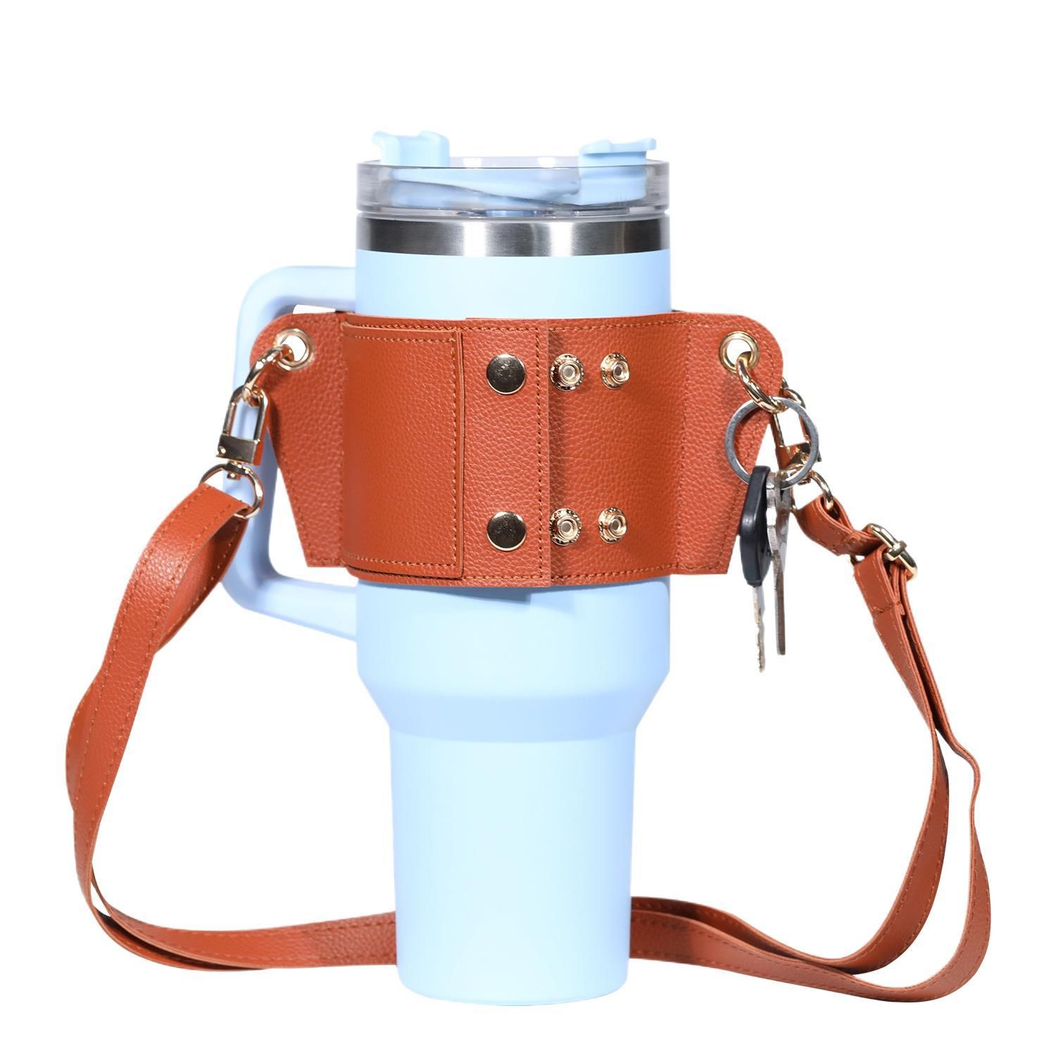 2 pack Water Bottle Holder with Strap 40oz, Simple Modern 40oz Tumbler, Vegan Leather Waterbottle Bag Holder, Shoulder Strap with Keyring, brown（Only cup sleeves） - Image 2