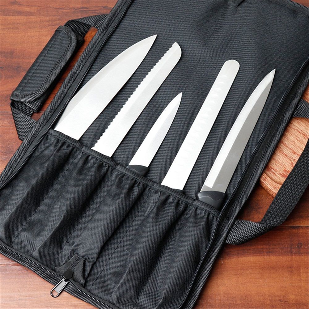 5 Pocket Chef Knife Case Roll Bag Bi-Fold (Black) Lightweight - Durable double-layer Oxford fabric – Perfect for the Busy Traveling Chef - Image 3